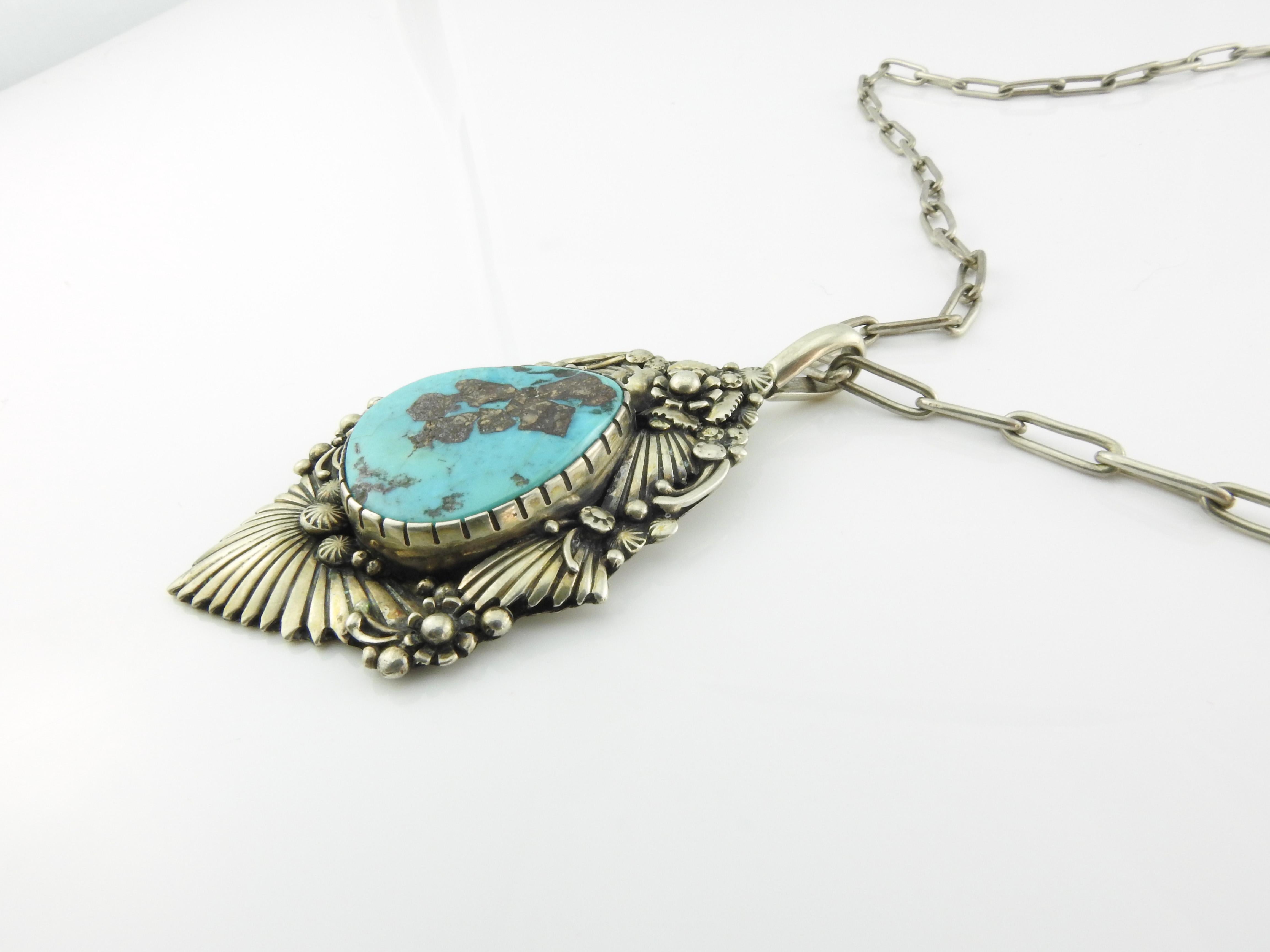 Navajo Clem Nalwood Silver and Turquoise Pendant Necklace In Good Condition In Washington Depot, CT