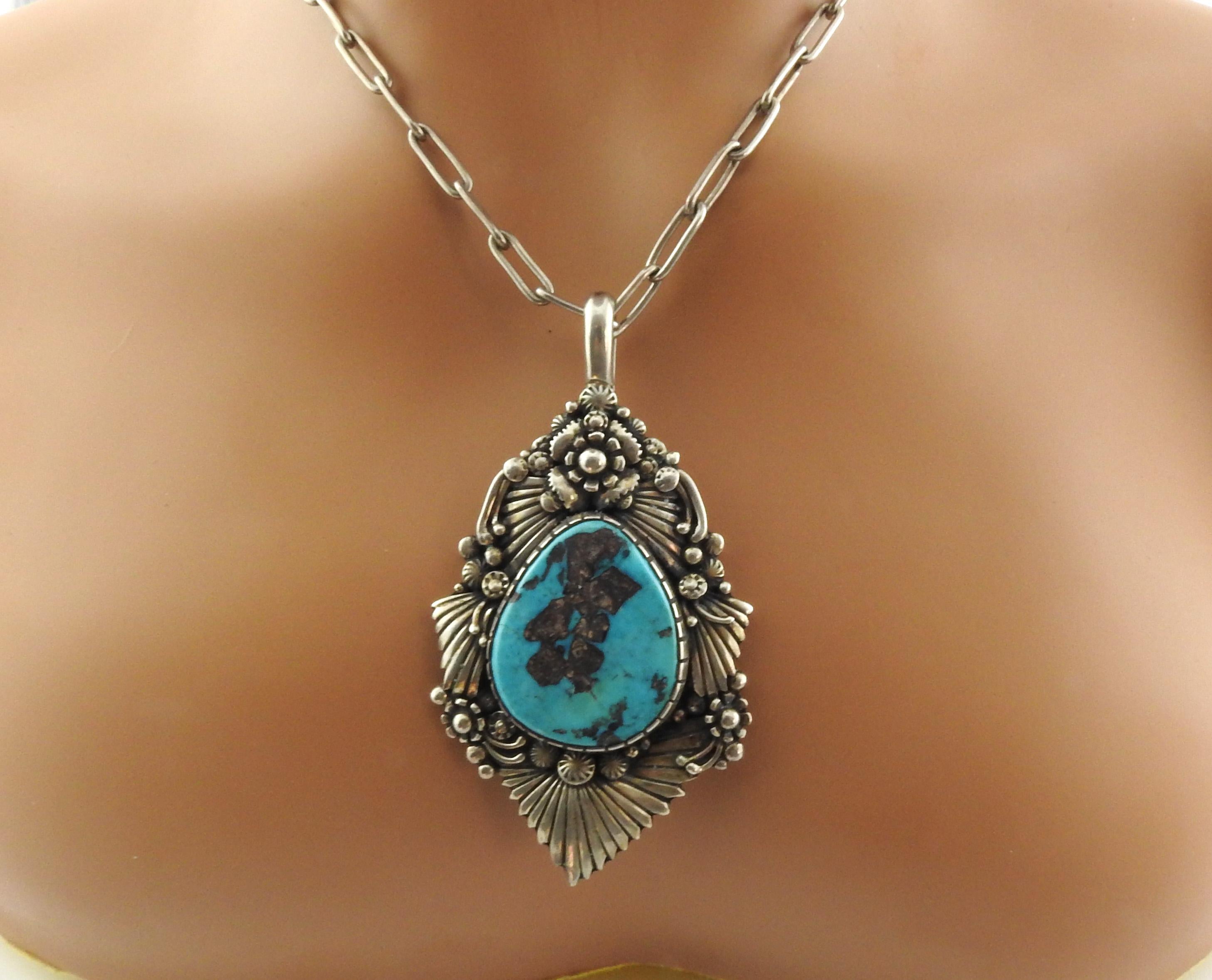 Navajo Clem Nalwood Silver and Turquoise Pendant Necklace 4