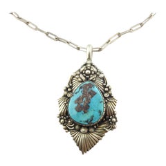 Navajo Clem Nalwood Silver and Turquoise Pendant Necklace
