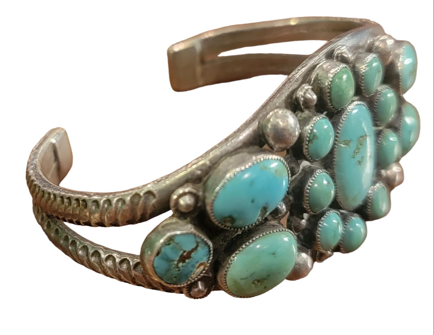 Women's or Men's Navajo Cluster 1940s Sterling Bracelet For Sale