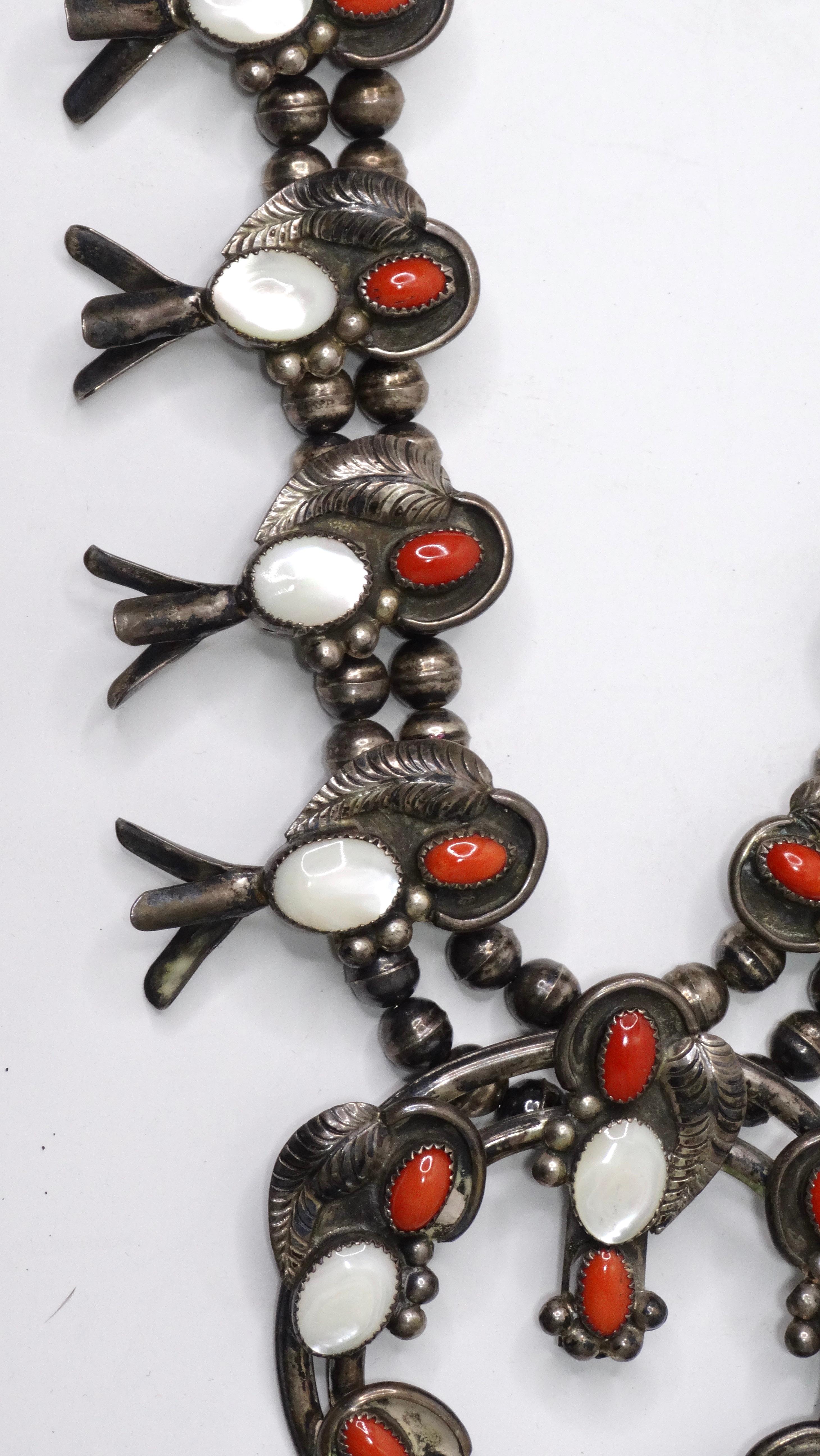Navajo Coral and Mother of Pearl Sterling Silver Squash Blossom Necklace In Excellent Condition In Scottsdale, AZ