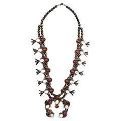 Retro Navajo Coral and Mother of Pearl Sterling Silver Squash Blossom Necklace