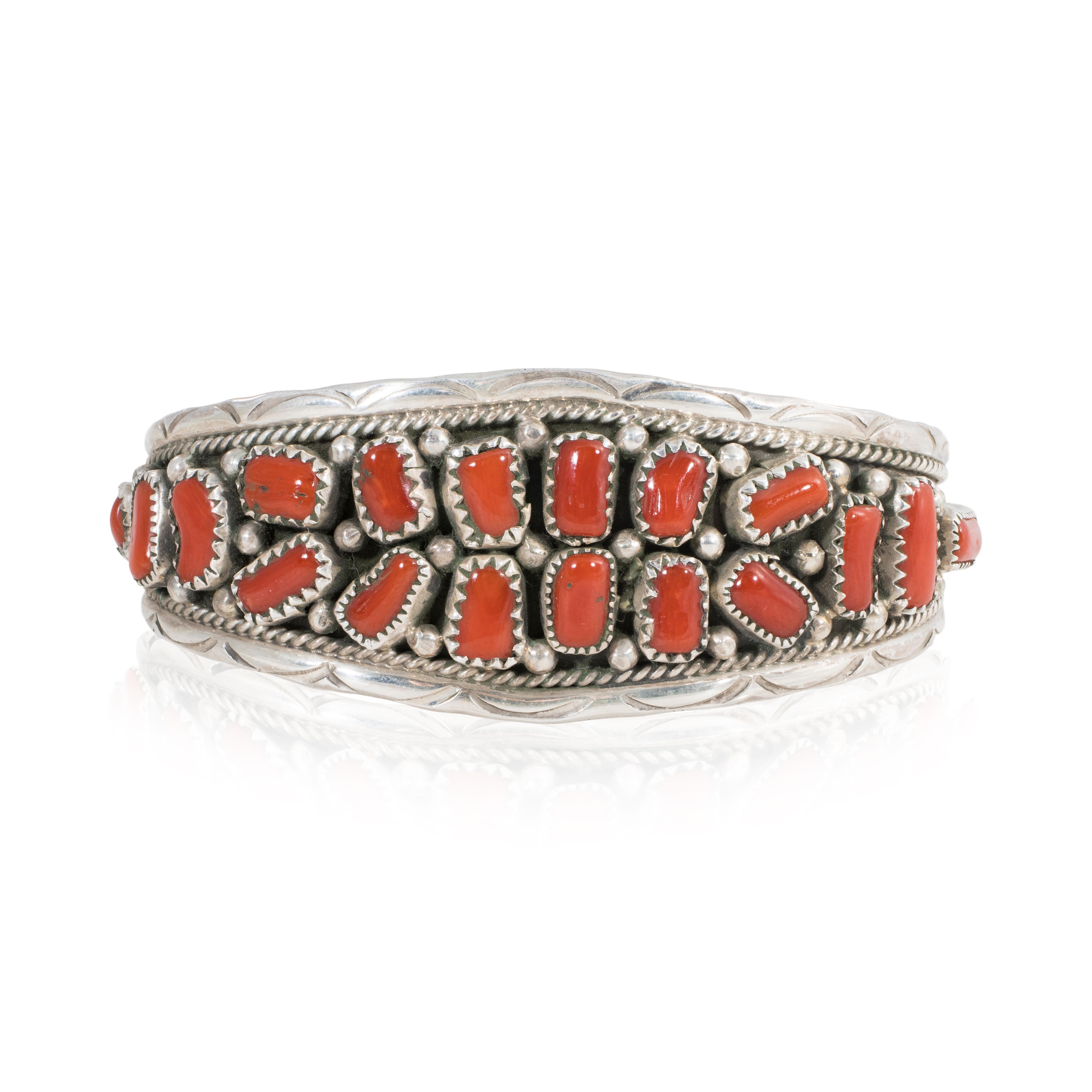 Old Mine Cut Navajo Coral and Sterling Bracelet For Sale