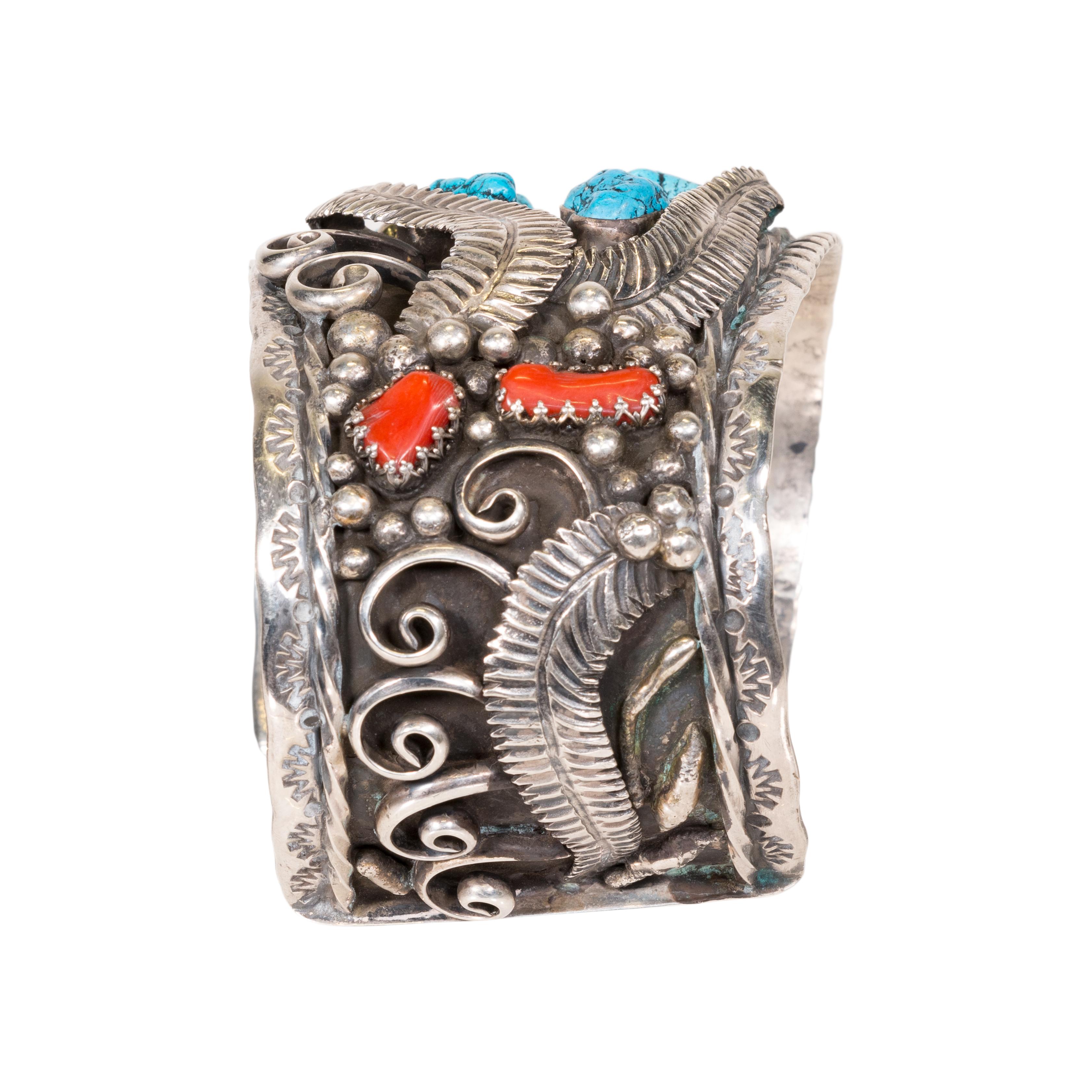 Native American Navajo Coral and Turquoise Cuff Bracelet For Sale