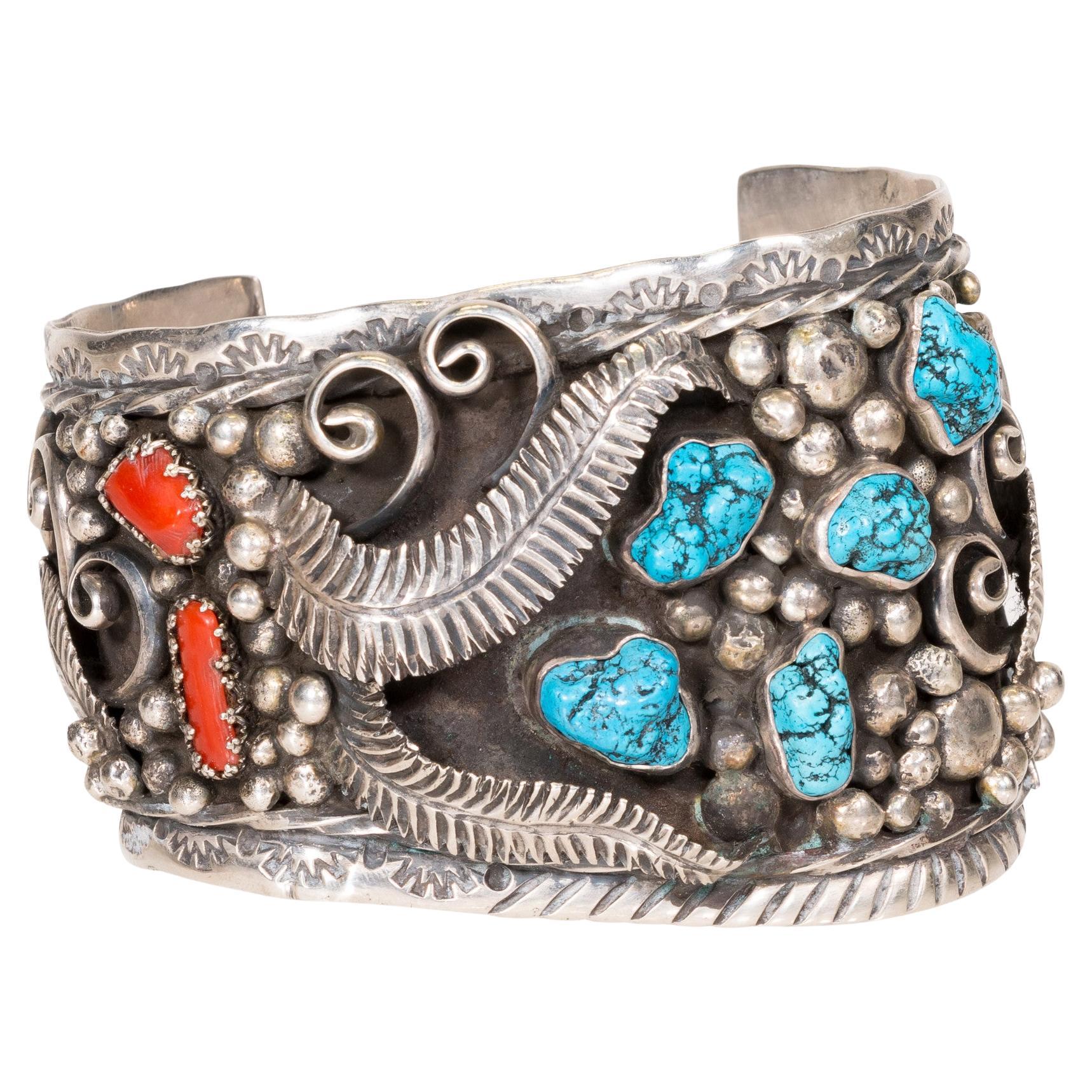 Navajo Coral and Turquoise Cuff Bracelet