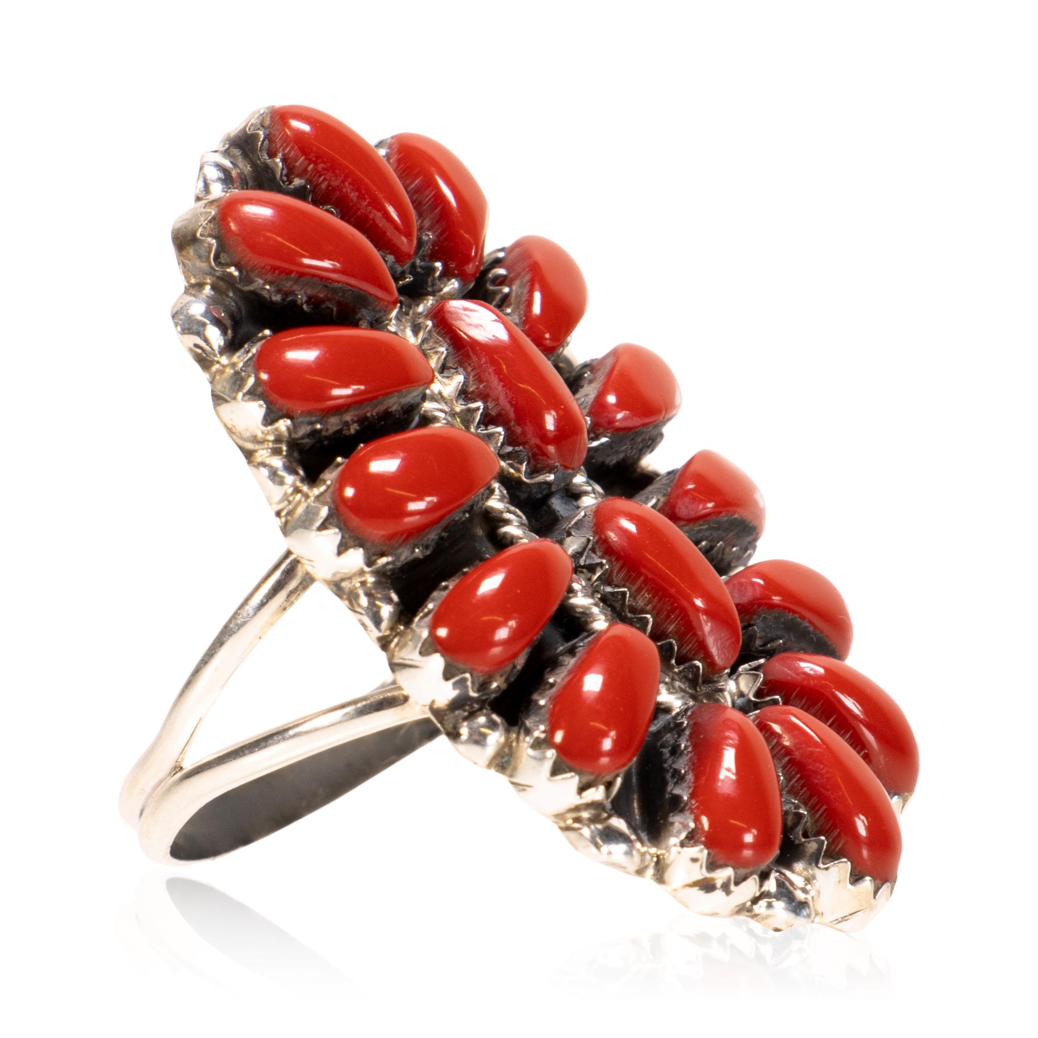 Navajo oxblood natural, untreated coral petit point ring in sterling silver. Stamped 