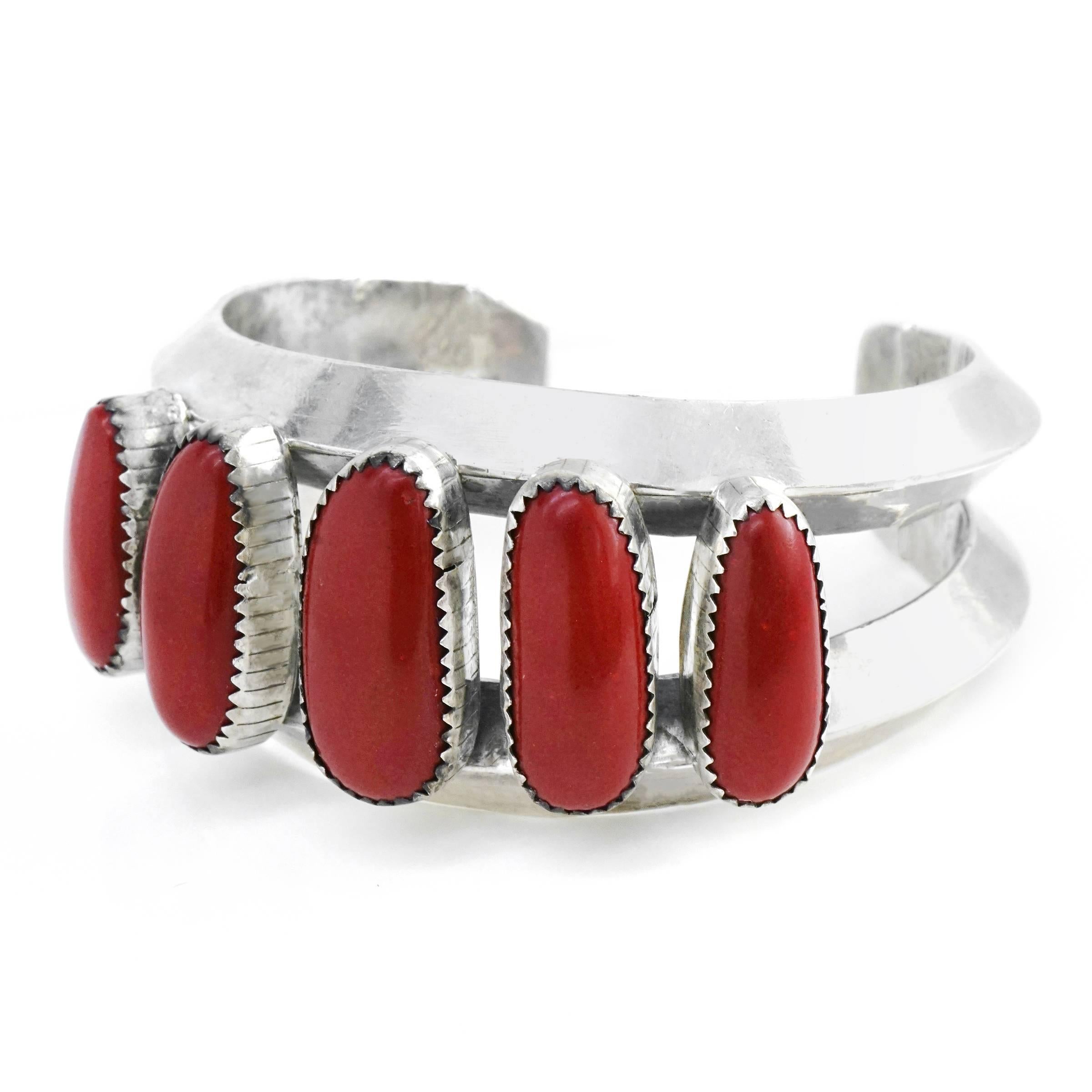 Native American Navajo Coral Set Sterling Cuff Bracelet