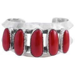 Navajo Coral Set Sterling Cuff Bracelet