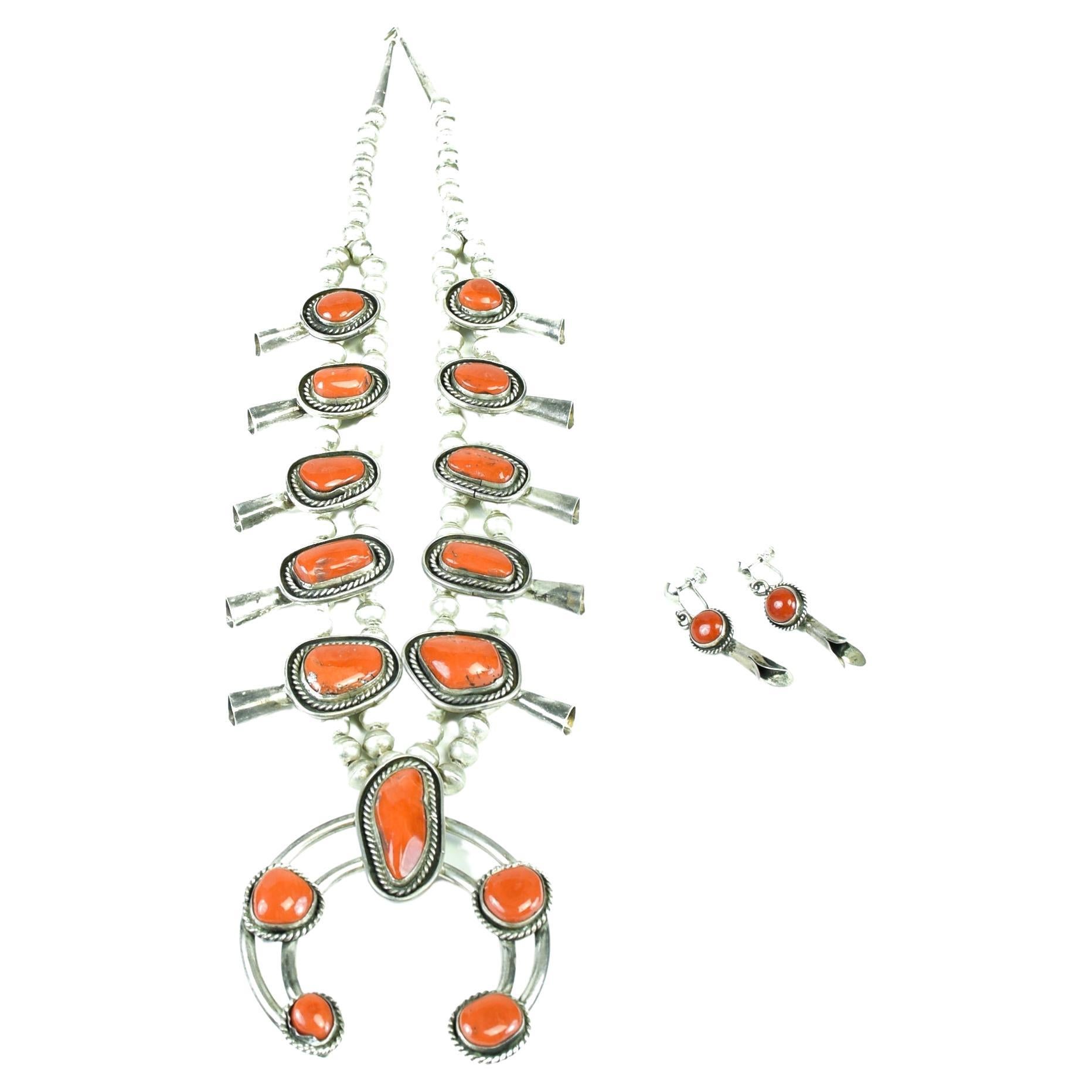 Navajo Coral Squash Blossom Necklace and Earrings For Sale