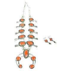 Navajo Coral Squash Blossom Necklace and Earrings