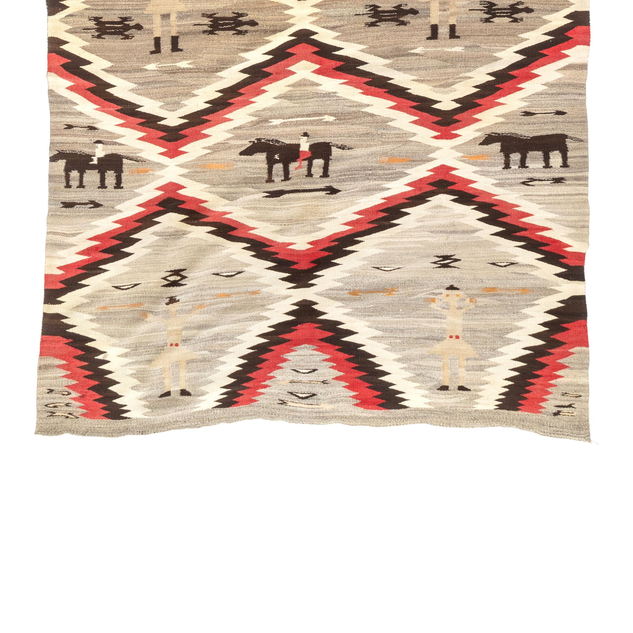 Navajo Crystal pictorial. A wonderful story textile with numerous Native / Navajo standing, mounting and riding figures, lizards, arrows, bows, and a three-panel progression of a rider mounting a horse. Eye dazzler type diamonds in red, black and