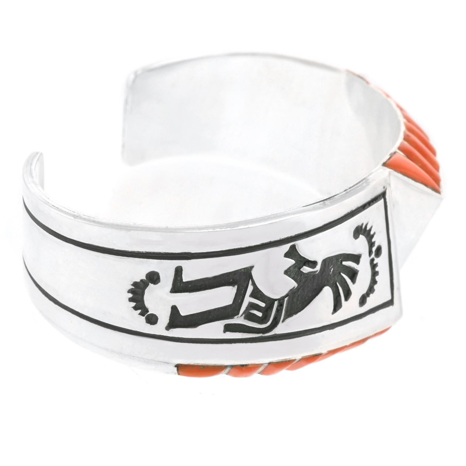 Women's or Men's Navajo Cuff Bracelet with Inlaid Coral by Leonard Jim