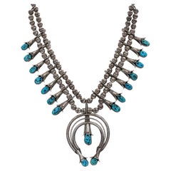 Navajo Doris Smallcanyon Sterling Silver Turquoise Squash Blossom Necklace