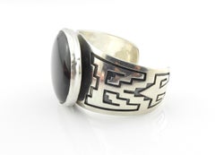 Navajo E.M. 'Everett/Mary' Teller Stamped Sterling Silver Onyx Cuff Bracelet