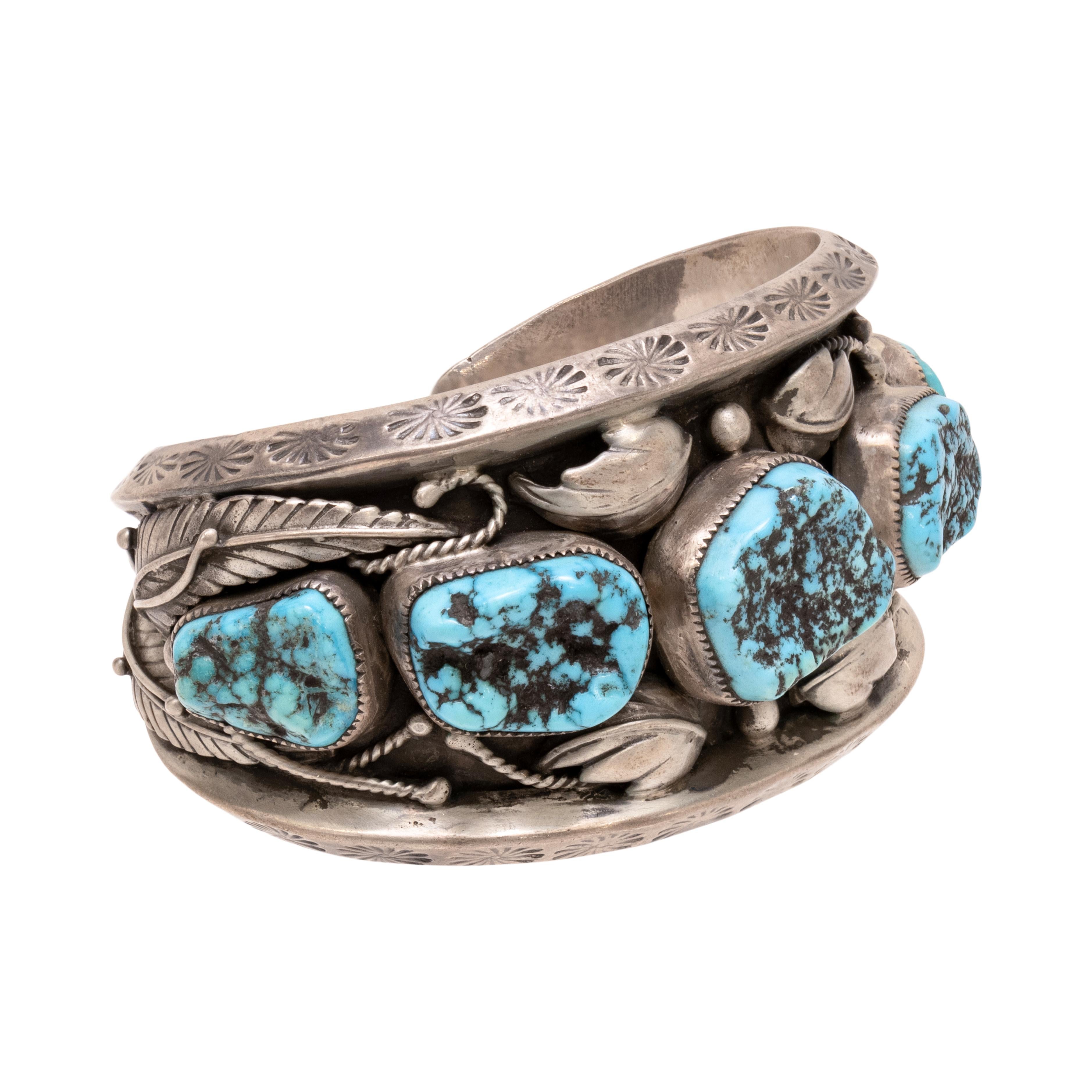 Mixed Cut Navajo Five Nugget Turquoise Cuff Bracelet For Sale