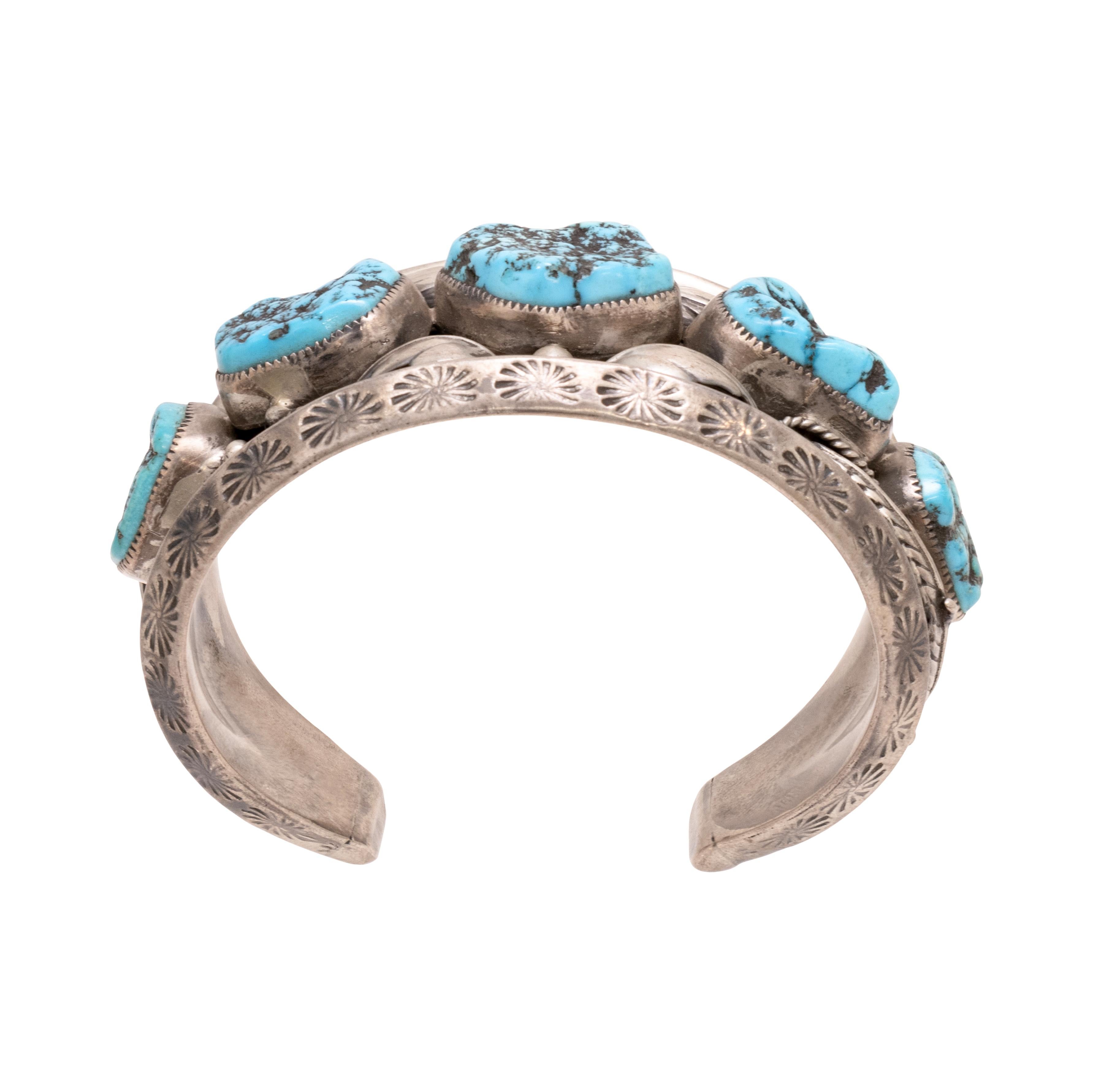 Navajo Five Nugget Turquoise Cuff Bracelet In Good Condition For Sale In Coeur d Alene, ID