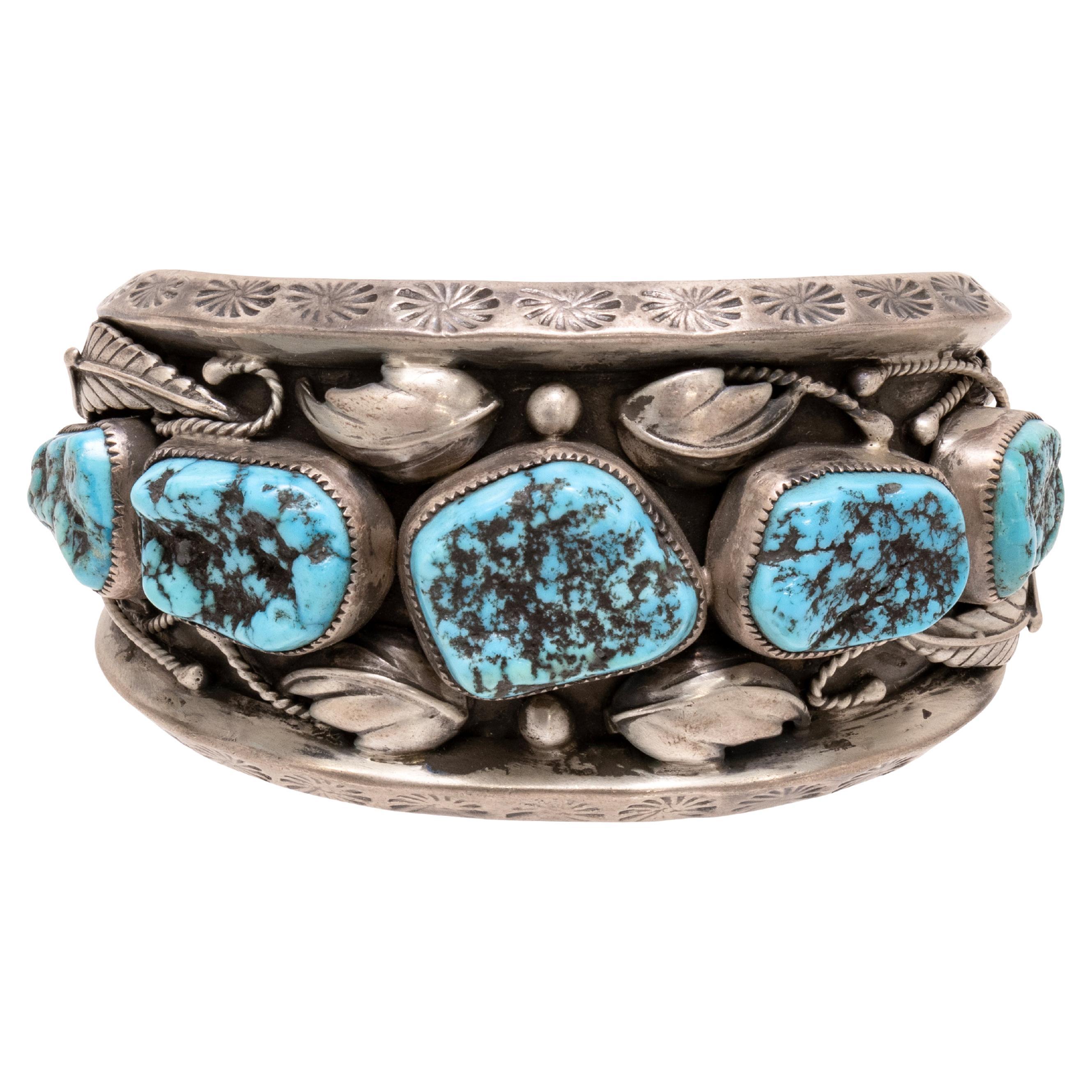 Navajo Five Nugget Turquoise Cuff Bracelet For Sale