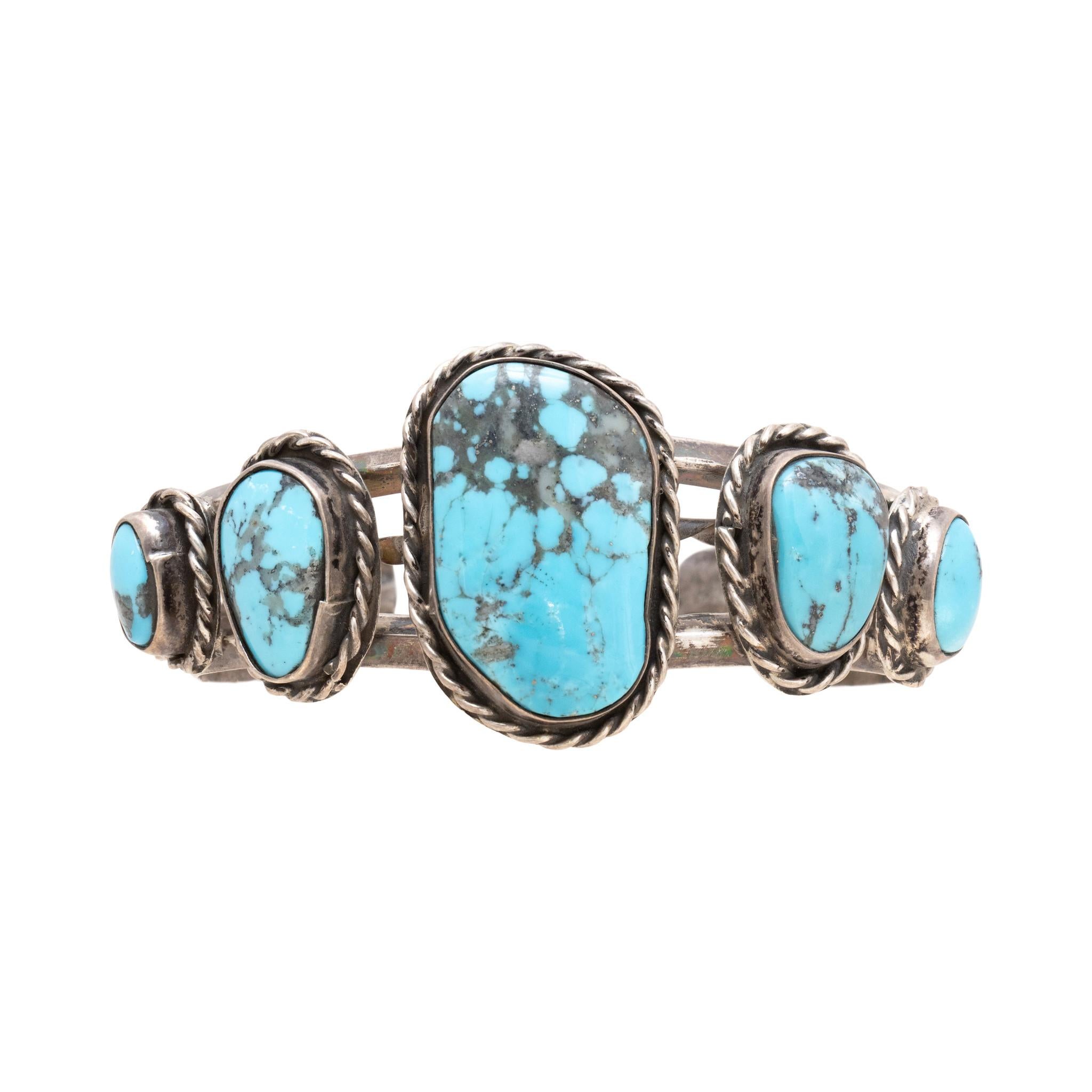 Bracelet manchette Navajo en turquoise à cinq pierres et argent sterling Bon état - En vente à Coeur d Alene, ID