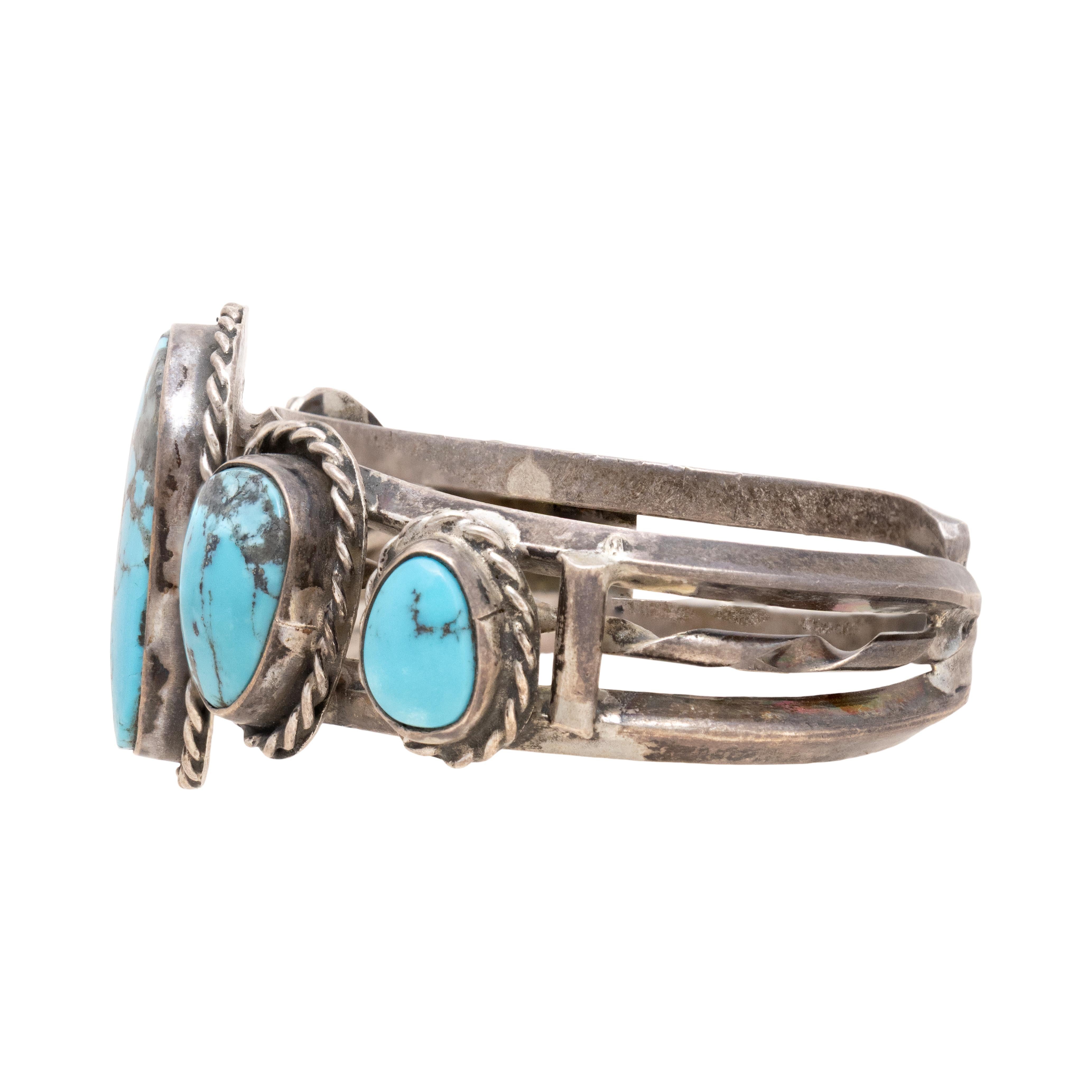 Bracelet manchette Navajo en turquoise à cinq pierres et argent sterling Unisexe en vente