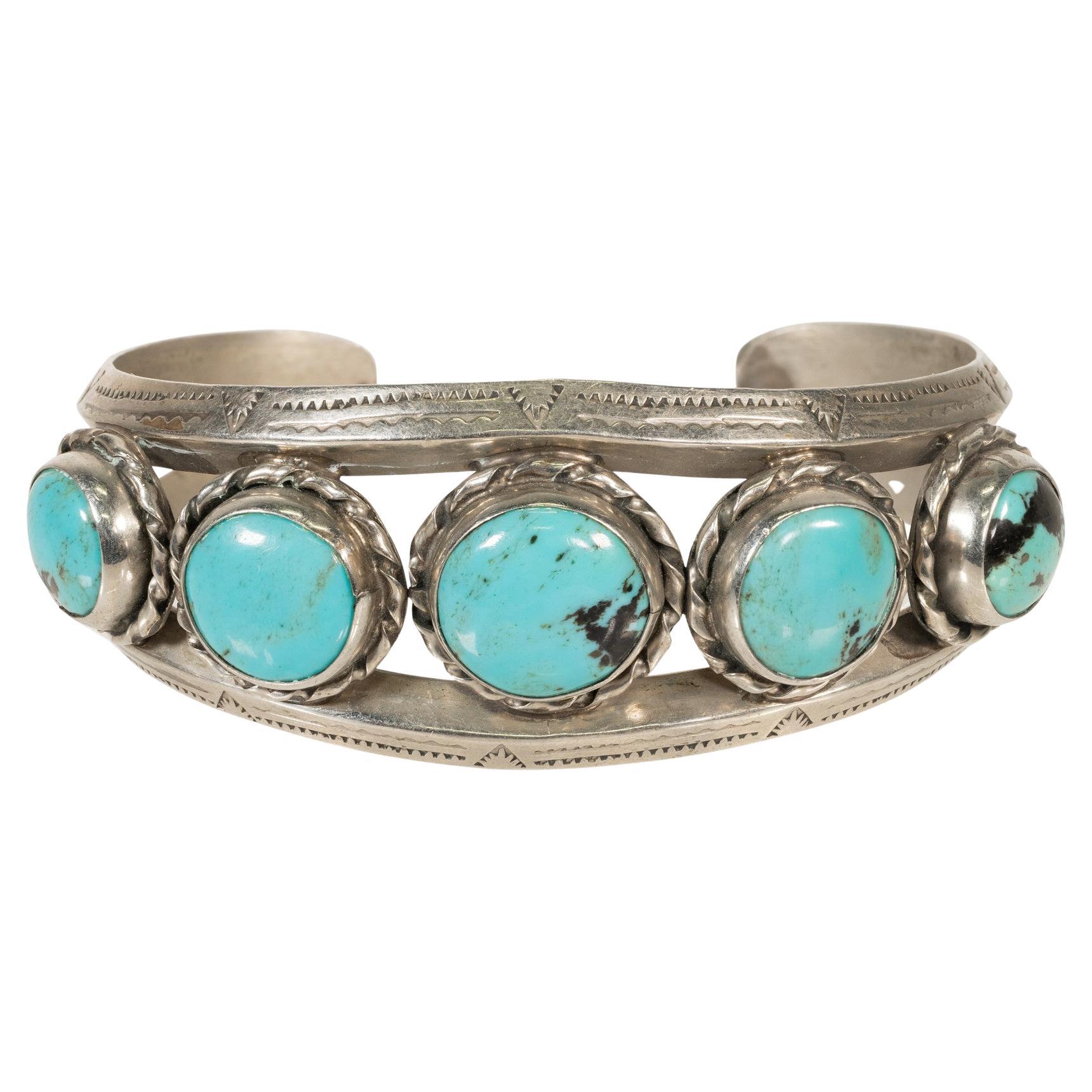 Bracciale Navajo con cinque pietre di turchese