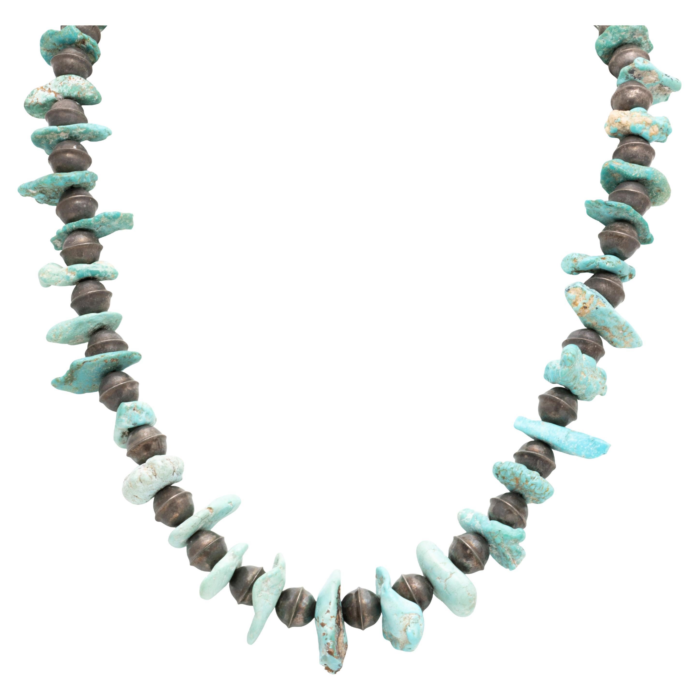 Navajo Fox Turquoise and Sterling Beaded Necklace For Sale