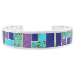 Navajo Geometric Inlaid Sterling Cuff Bracelet