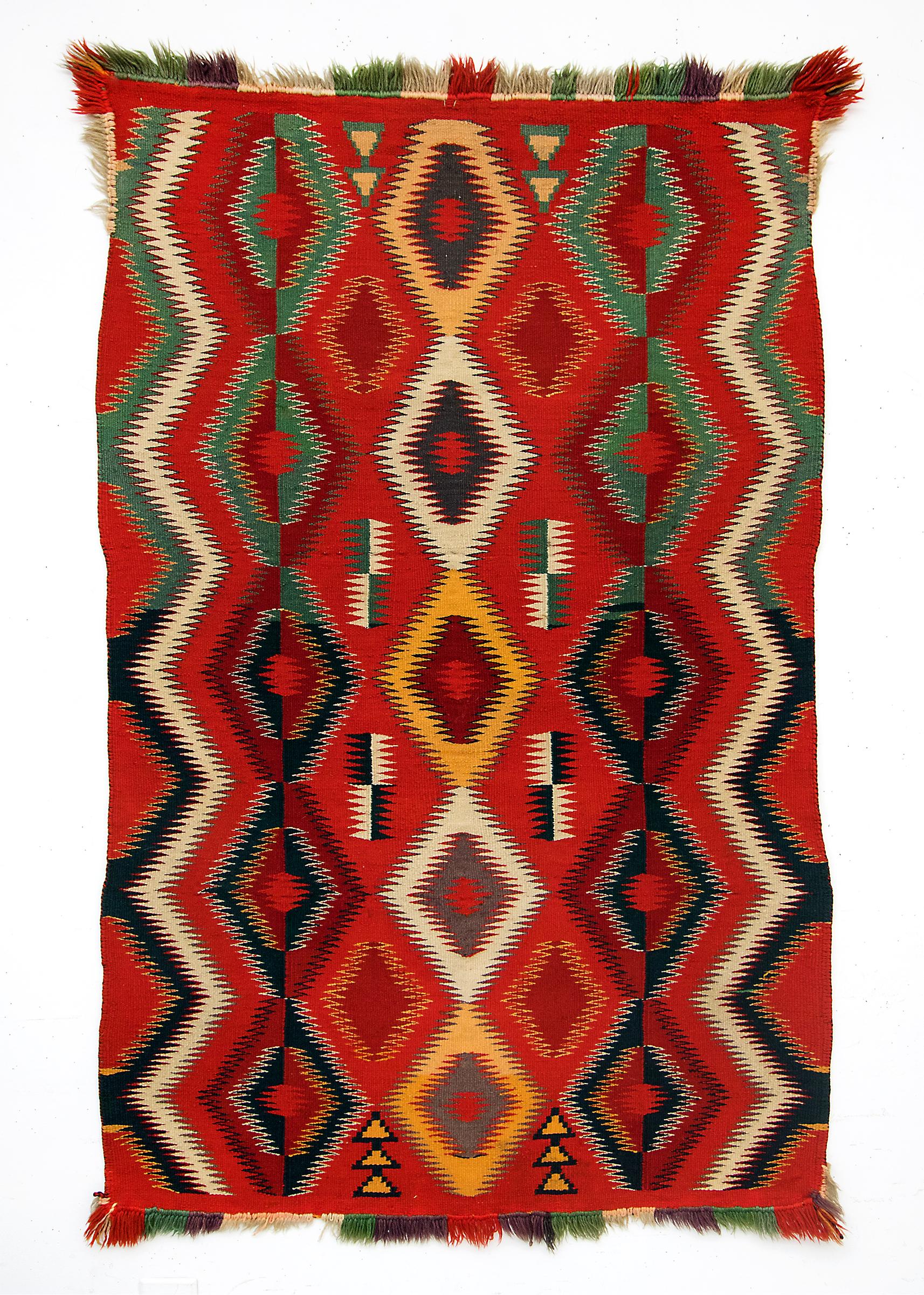Hand-Woven Vintage Navajo Germantown Blanket, circa 1890, Red Field Eye-Dazzler Pattern 