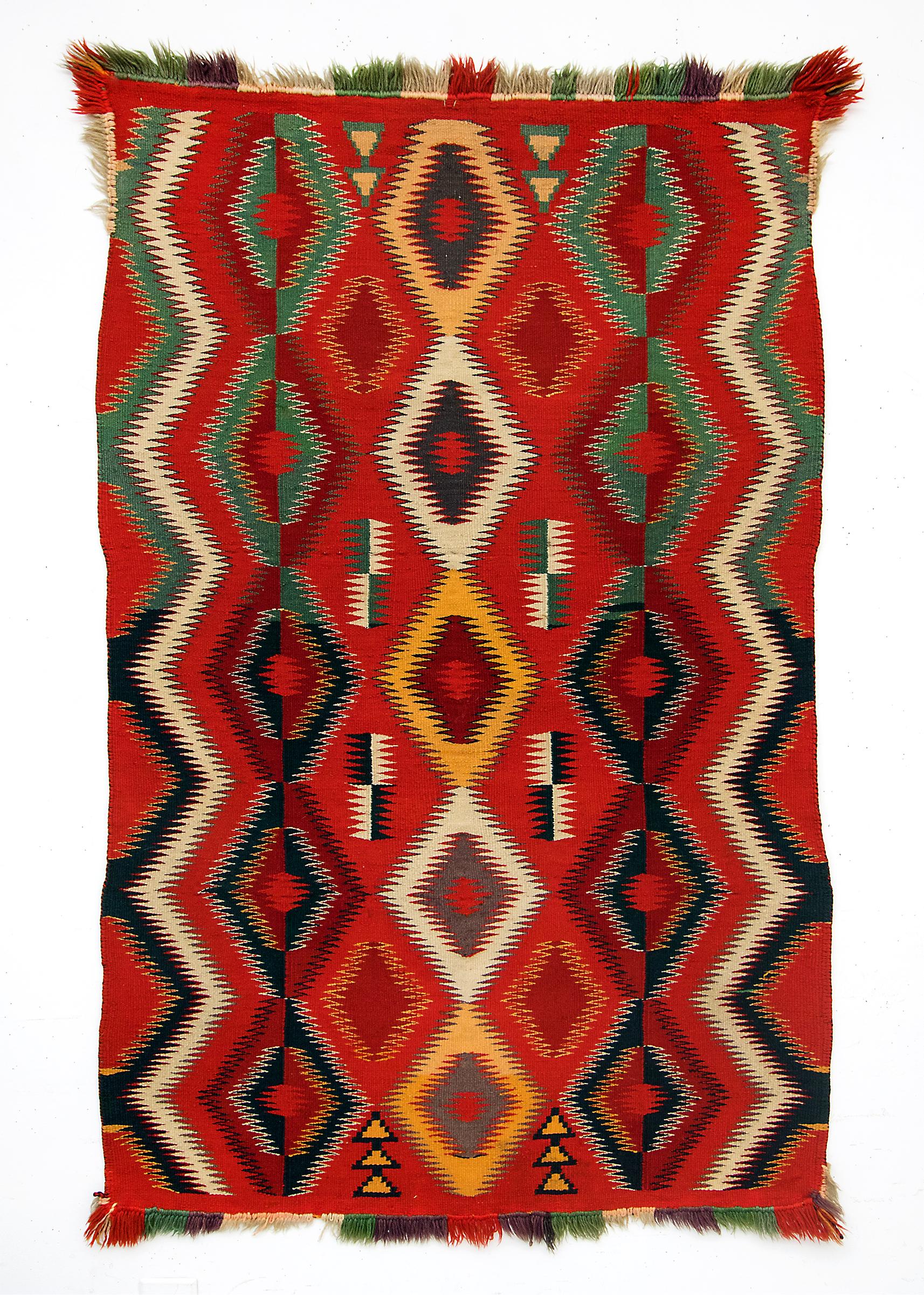 Hand-Woven Vintage Navajo Germantown Blanket, circa 1890, Red Field Eye-Dazzler Pattern