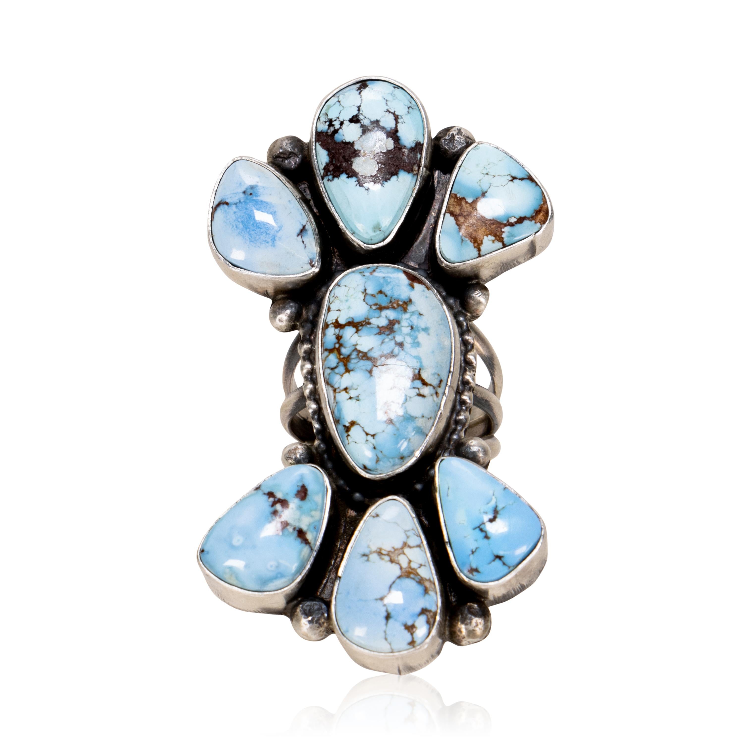 Massive, one of a kind, custom Native American Navajo sterling silver, and highly collectible gem grade Golden Hills turquoise cluster statement ring in. Features a stunning, traditional statement Navajo cluster design of a carefully selected