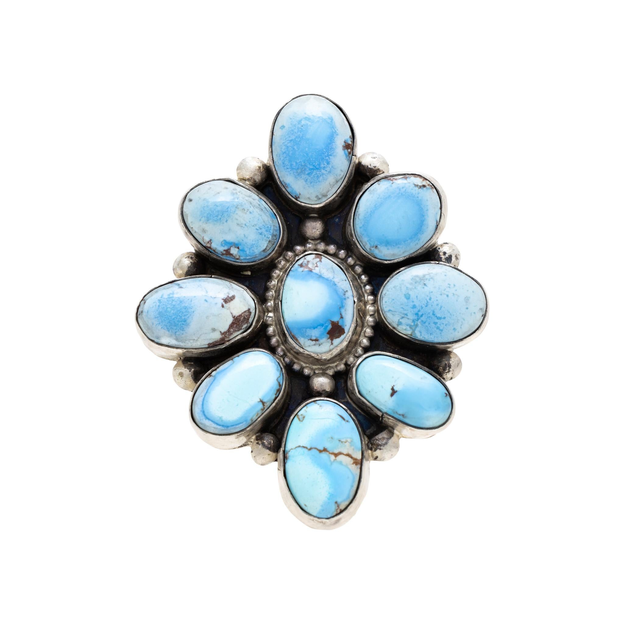 Navajo Golden Hill Turquoise and sterling silver ring.  Nine exceptional stones set in shadow box frame with sterling silver beads. Stamped 
