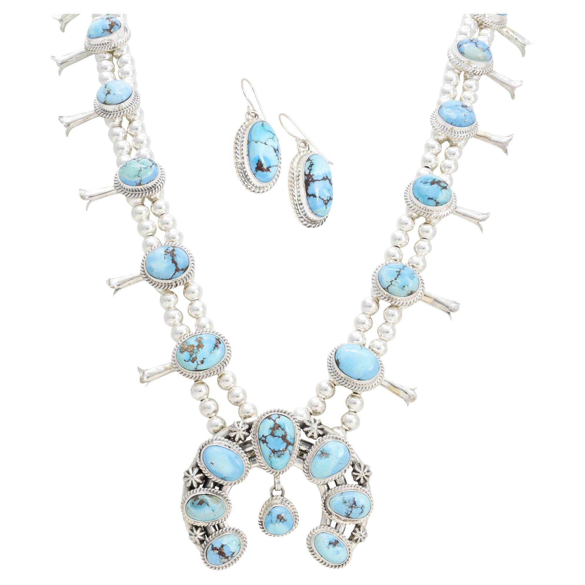 Navajo Golden Hill Turquoise Squash Blossom and Earrings