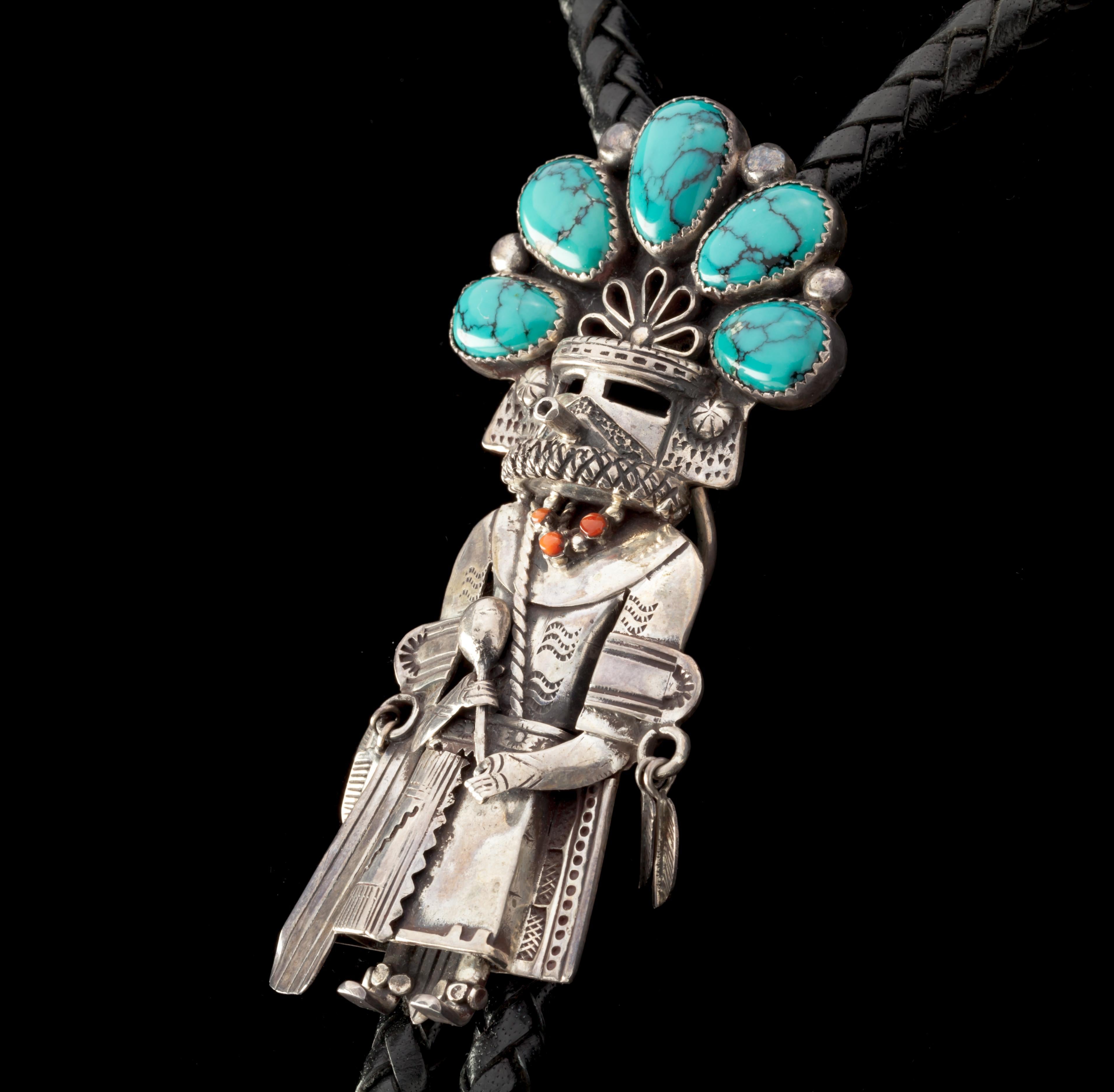 Beautiful Kachina Turquoise Bolo with Black Leather tie accented in Sterling 
Reverse Hallmark 