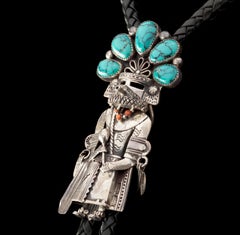 Navajo Handcrafted Sterling Silver & Turquoise Kachina Black Leather Bolo Tie