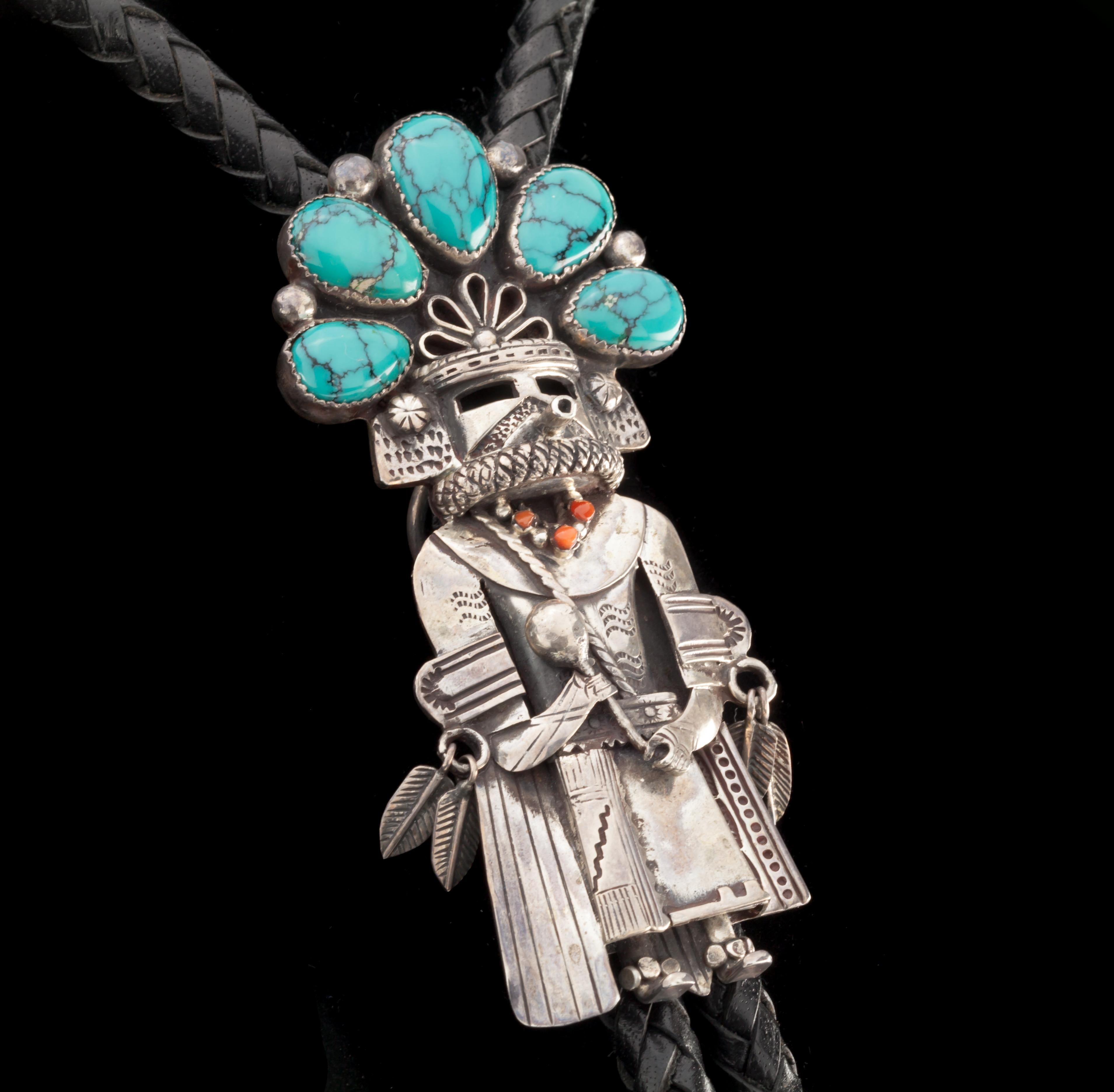 Native American Navajo Handcrafted Sterling Silver & Turquoise Kachina Black Leather Bolo Tie