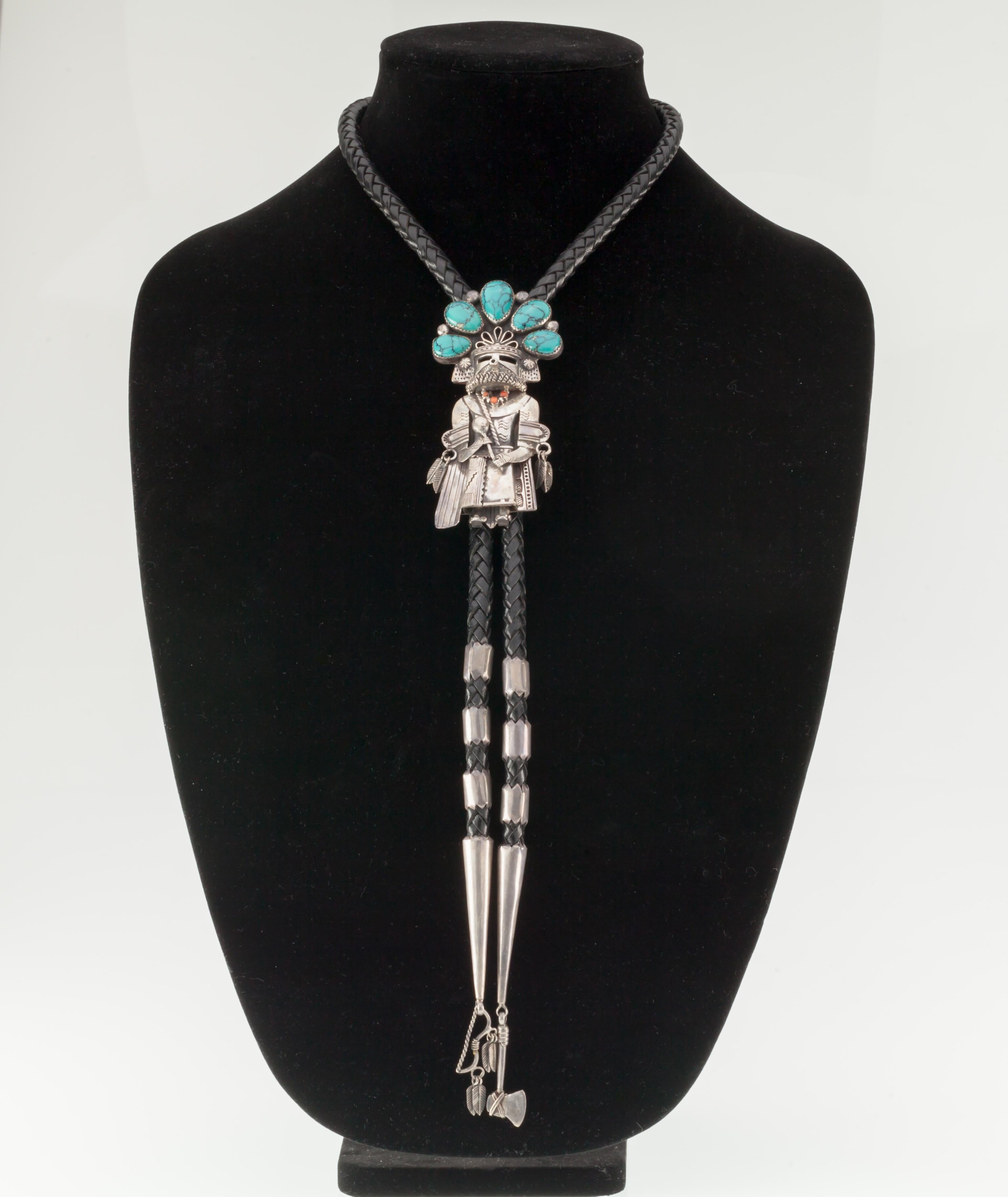 Navajo Handcrafted Sterling Silver & Turquoise Kachina Black Leather Bolo Tie In Good Condition In Sherman Oaks, CA