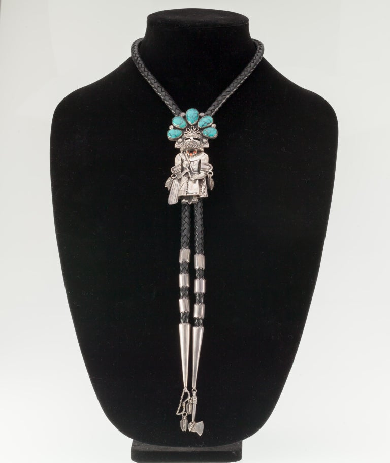 Navajo Handcrafted Sterling Silver and Turquoise Kachina Black Leather ...