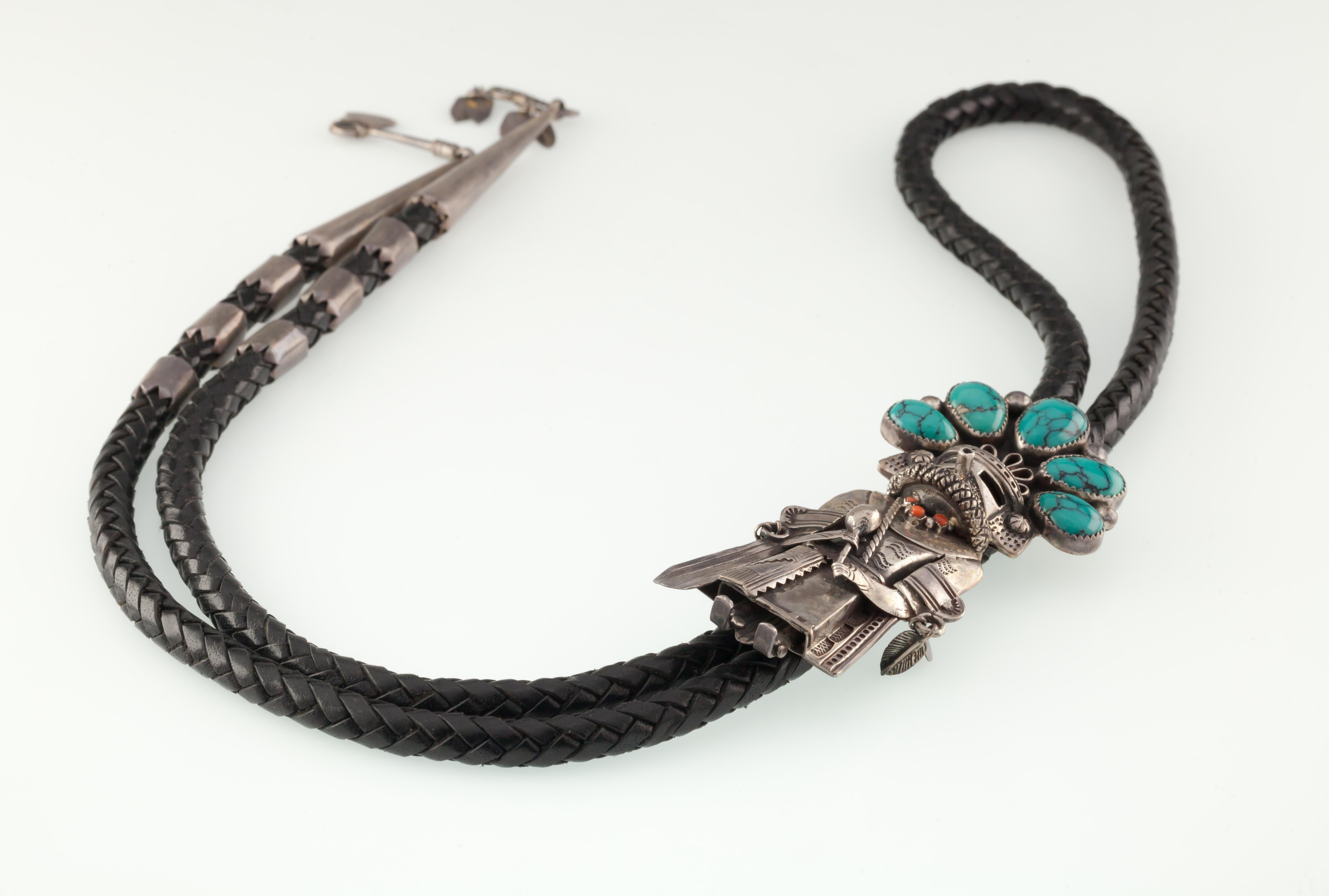 Women's or Men's Navajo Handcrafted Sterling Silver & Turquoise Kachina Black Leather Bolo Tie
