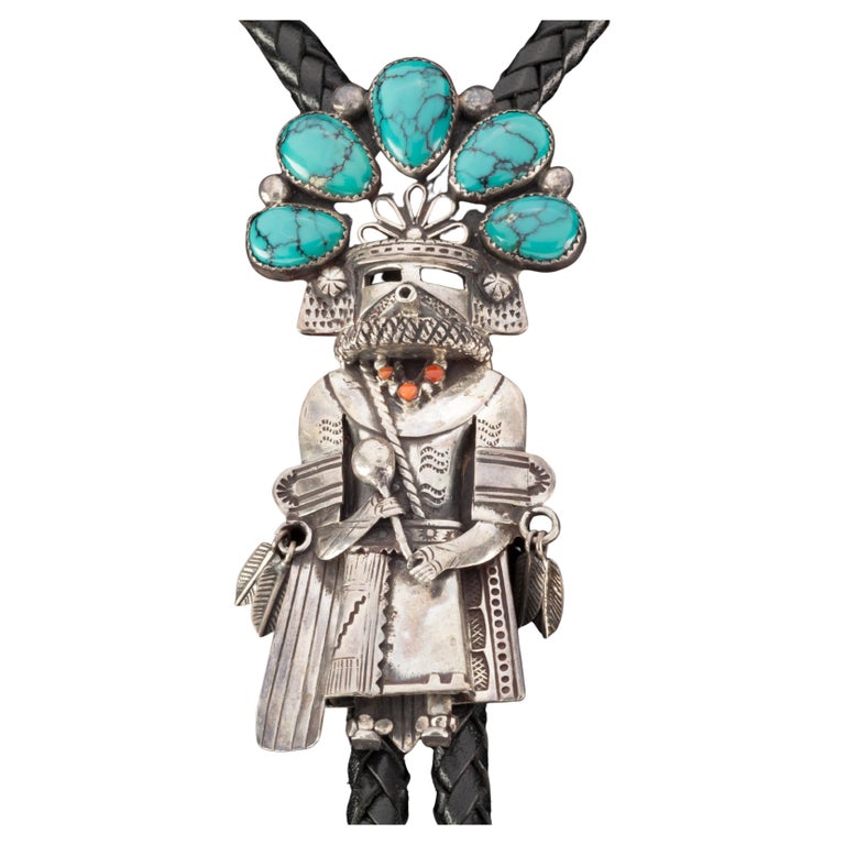 Navajo Handcrafted Sterling Silver and Turquoise Kachina Black Leather ...