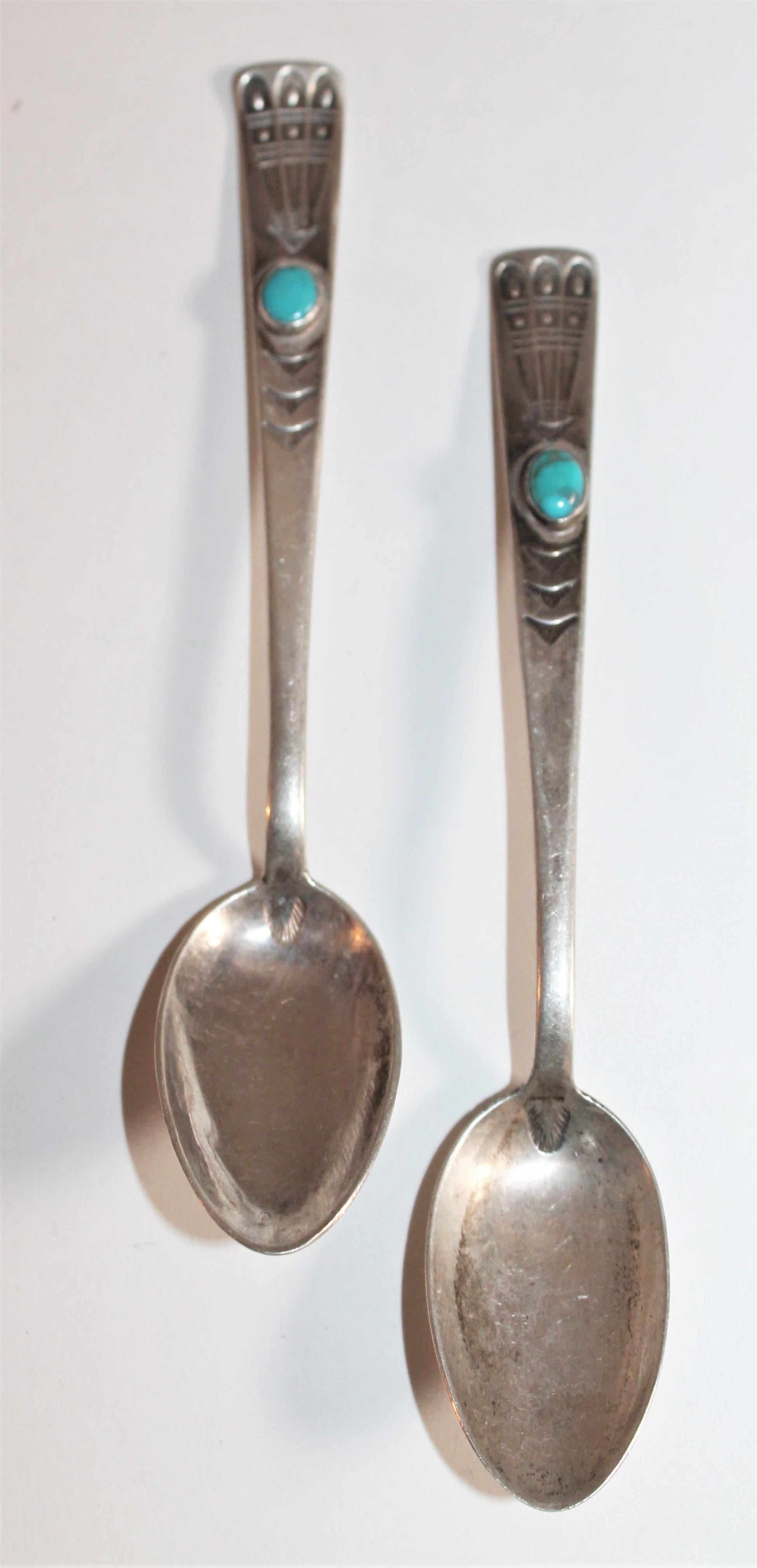 Sterling Silver Navajo Indian Silver Spoons with Turquoise For Sale