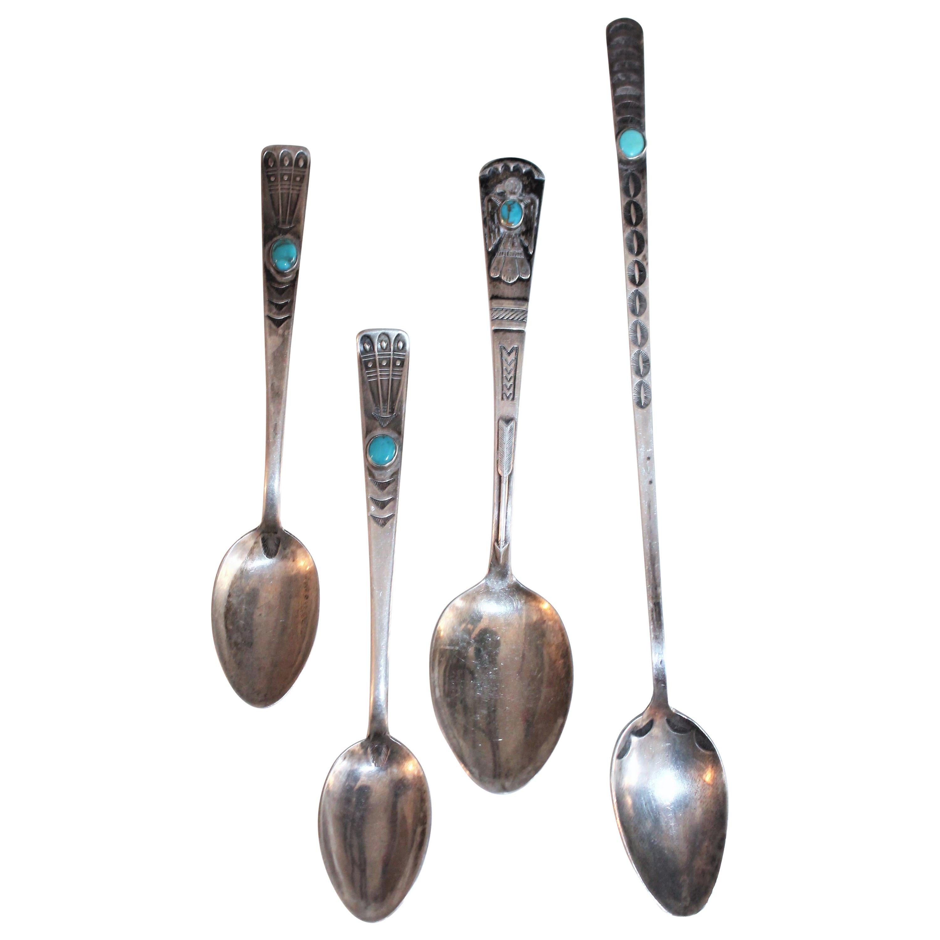 Navajo Indian Silver Spoons with Turquoise For Sale