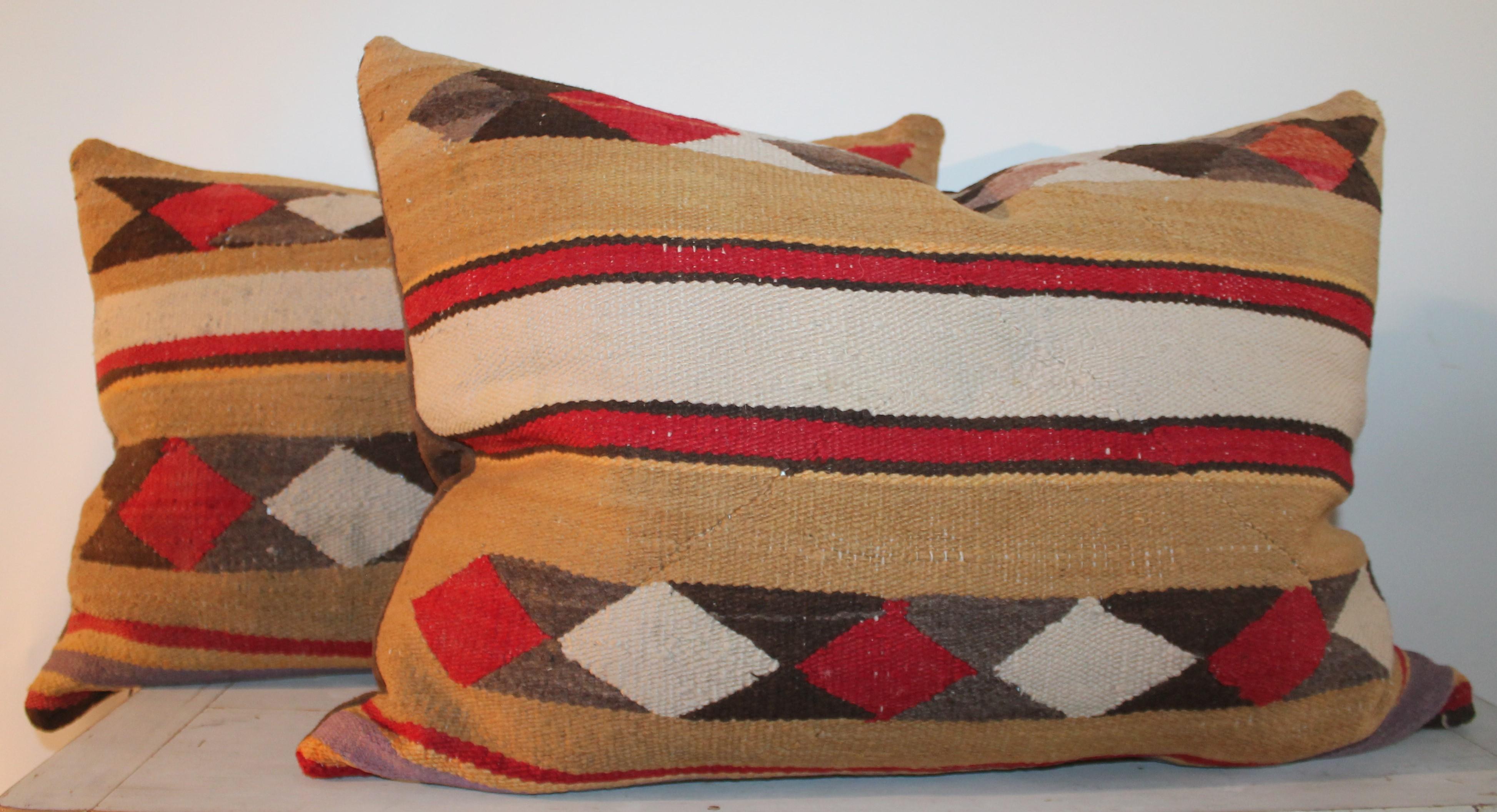 American Navajo Indian Weaving Pillows with Leather Backings / Pair