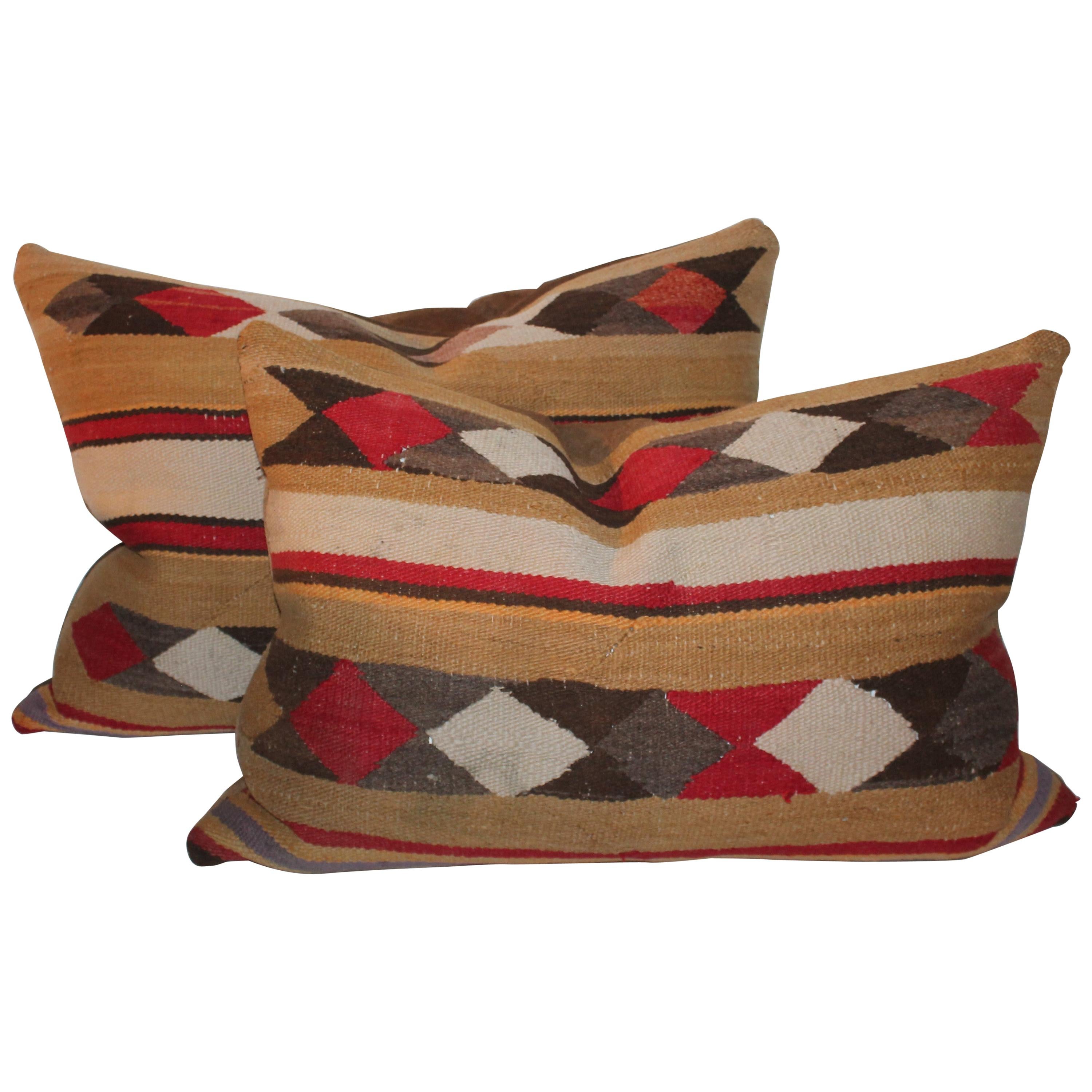 Navajo Indian Weaving Pillows with Leather Backings / Pair