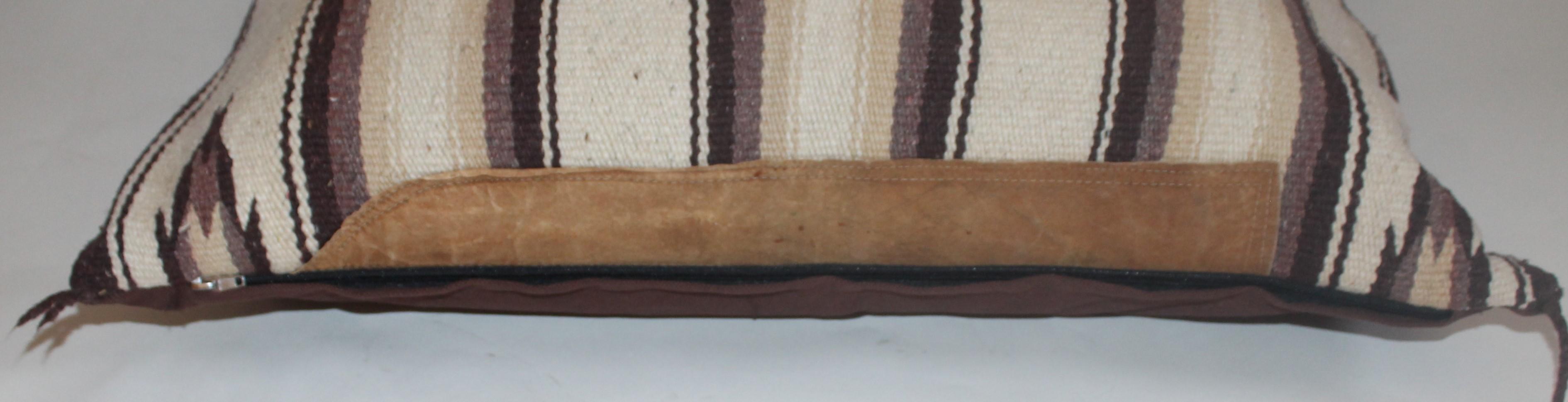 Hand-Crafted Navajo Indian Weaving Saddle Blanket Pillow with Leather Trim For Sale