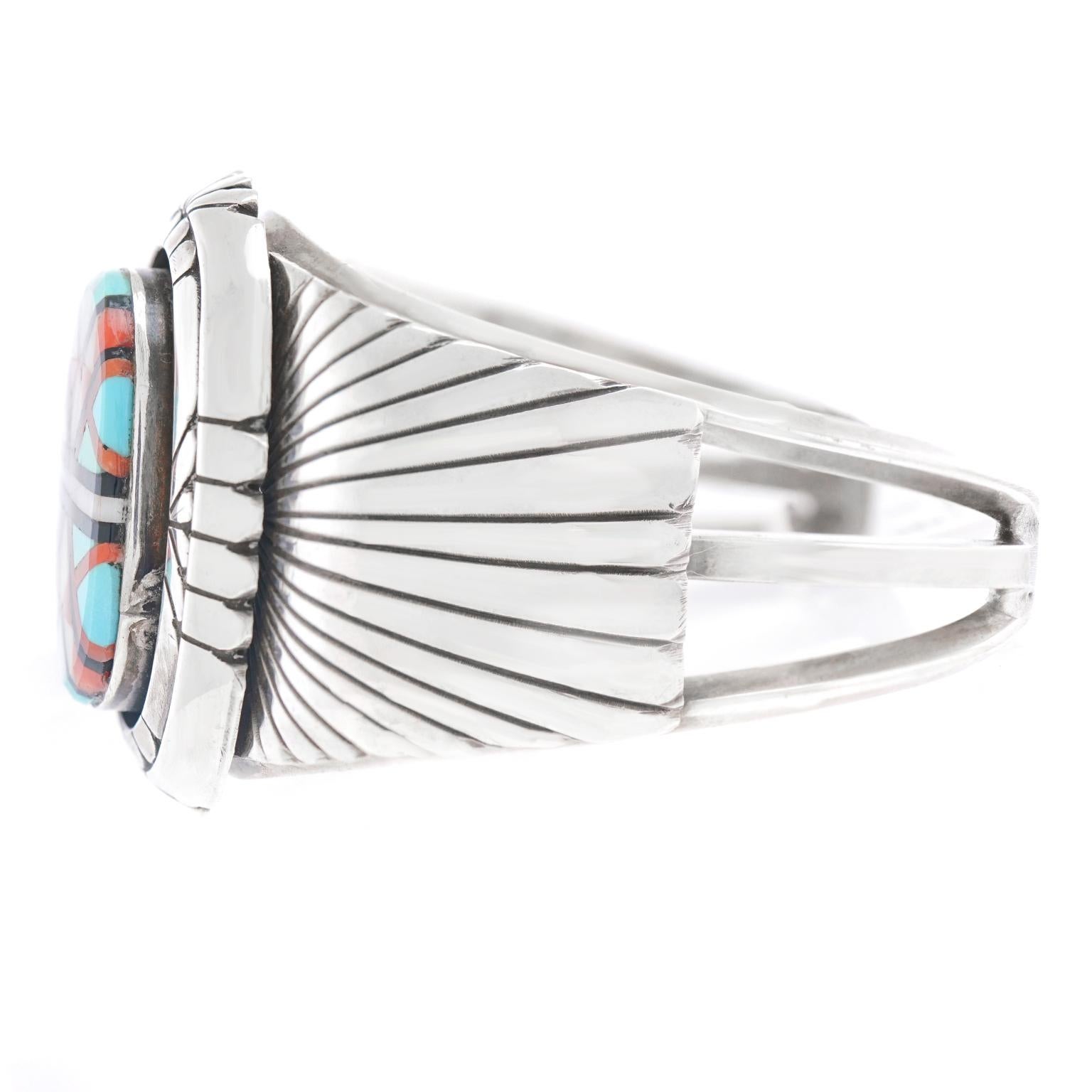 Cabochon Navajo Inlaid Sterling Cuff Bracelet by Abraham Begay