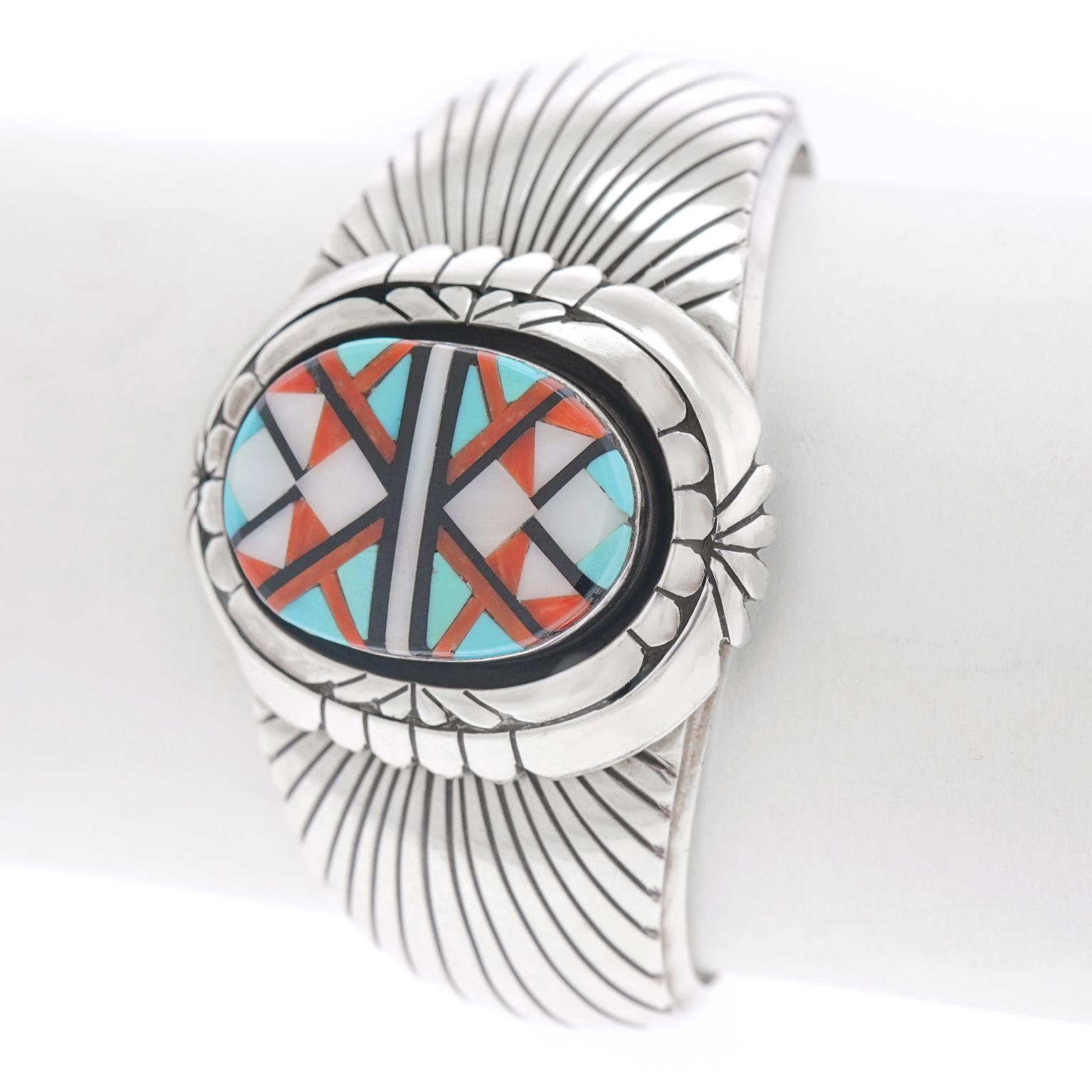 Navajo Inlaid Sterling Cuff Bracelet by Abraham Begay In Excellent Condition In Litchfield, CT