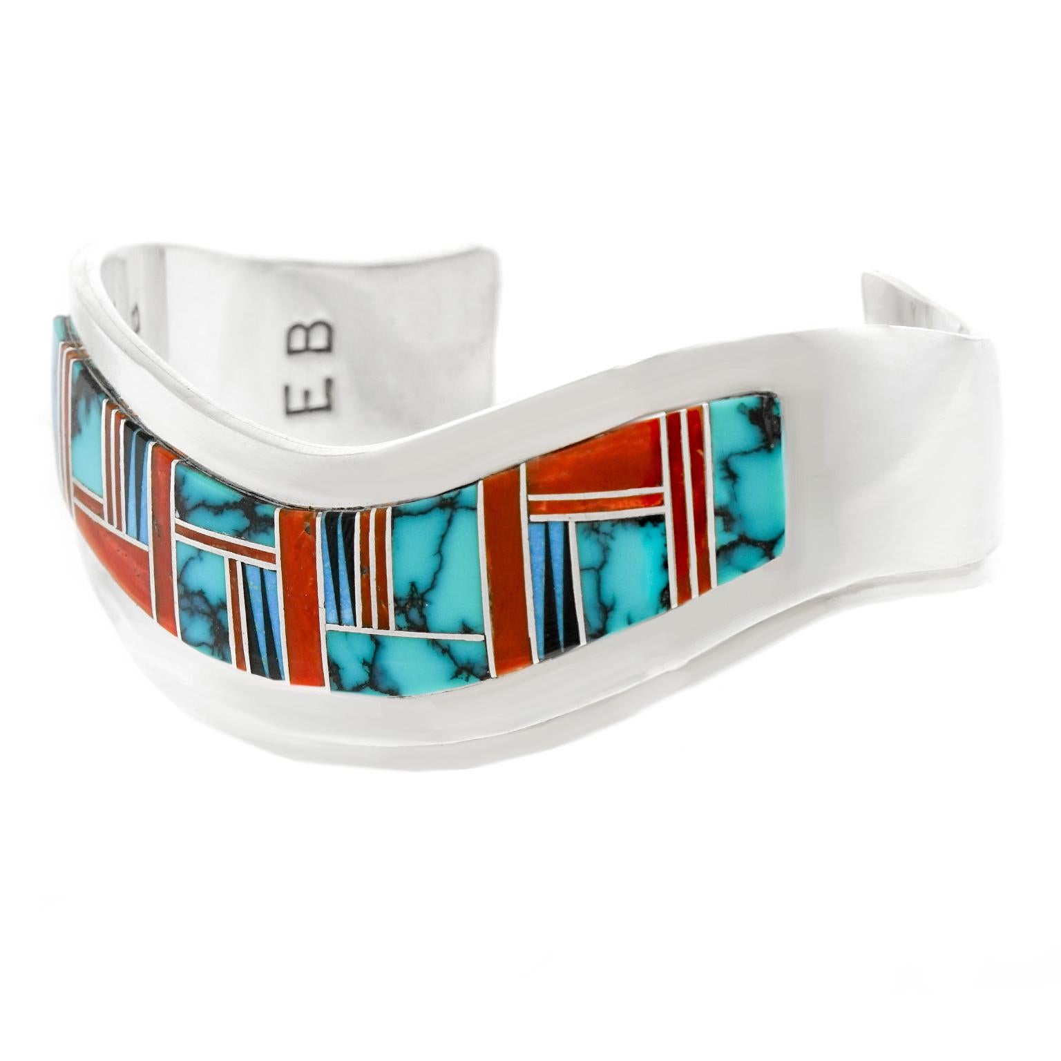 Native American Navajo Inlaid Stone Cuff Bracelet