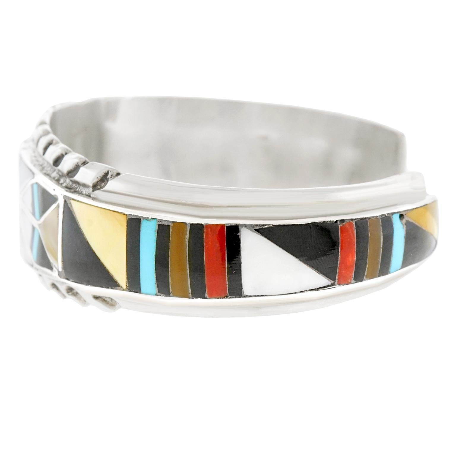 Women's or Men's Navajo Inlaid Sun Face Multi-Stone Cuff Bracelet Zuni