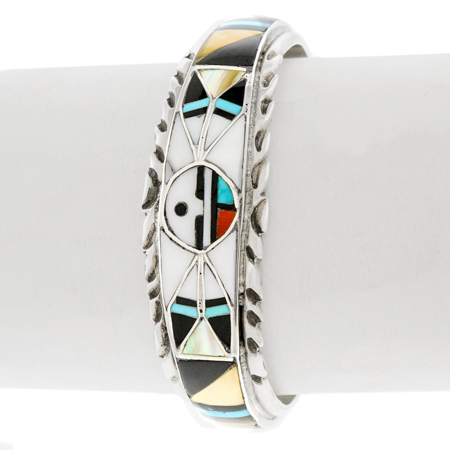 Navajo Inlaid Sun Face Multi-Stone Cuff Bracelet Zuni 2