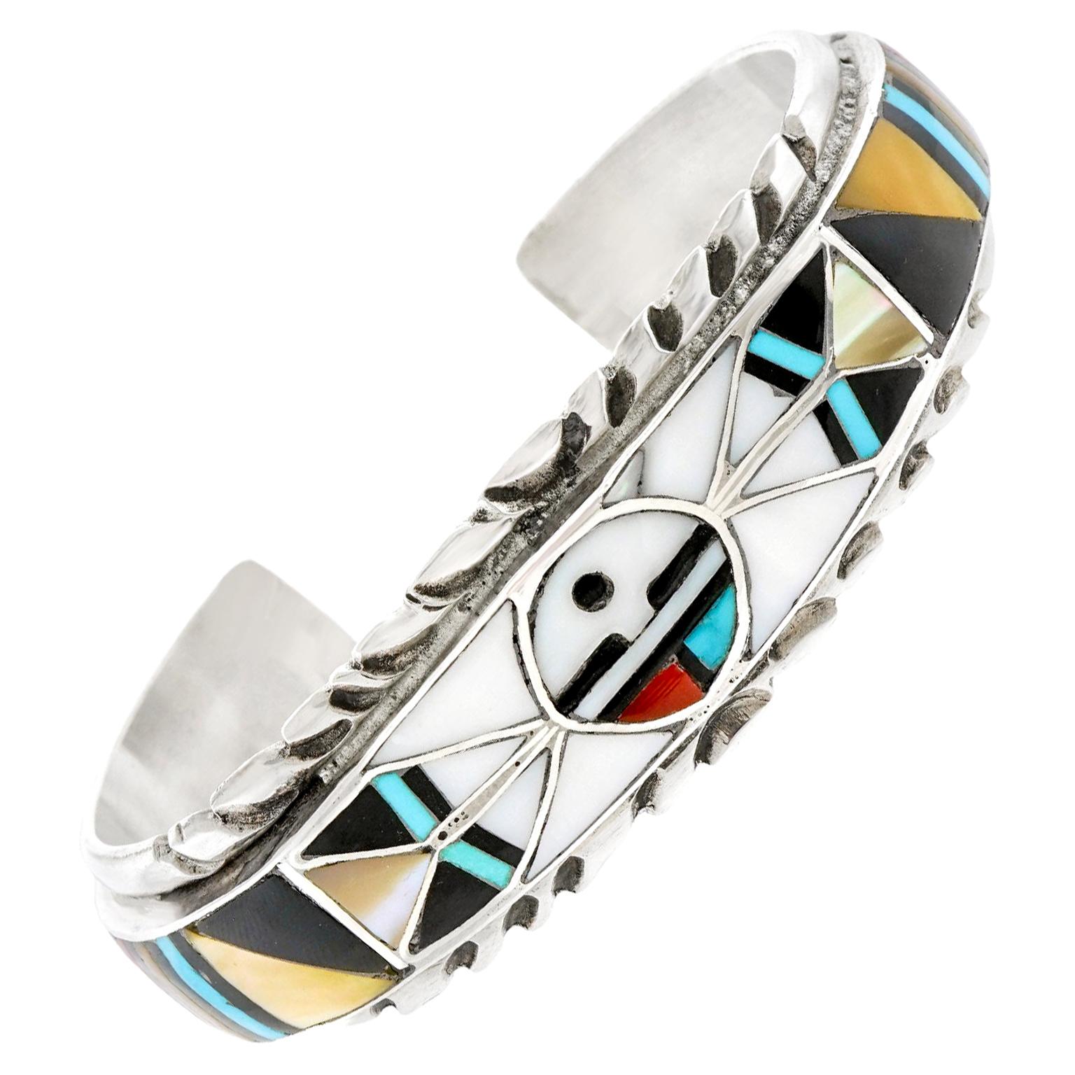Navajo Inlaid Sun Face Multi-Stone Cuff Bracelet Zuni