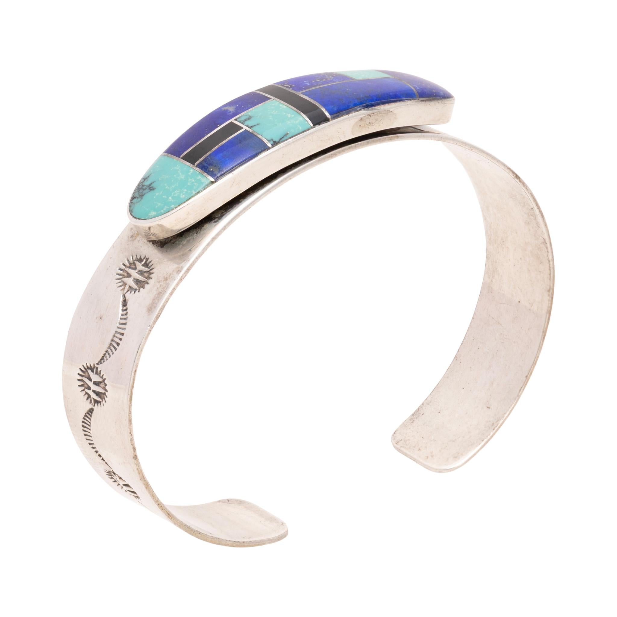 Taglio misto Bracciale in argento con intarsio Navajo in vendita
